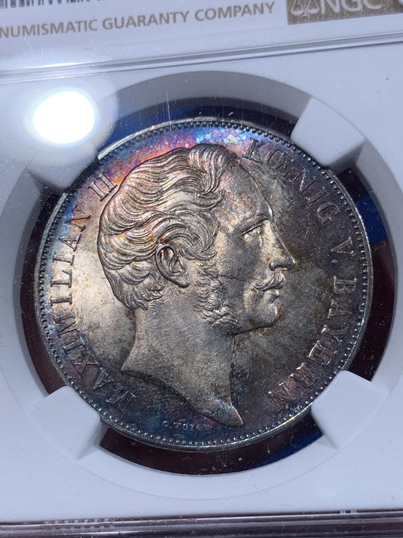 《竞宝斋》第399场 周日，周一，2场连拍 （全场包邮） NGC MS63  德国 1855年 巴伐利亚圣母抱婴2盾银币 五彩包浆