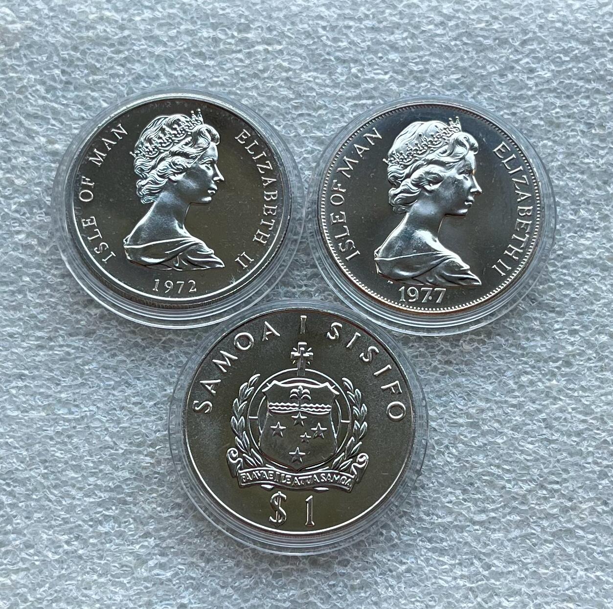 外国老铜银币，福在眼前手雕镂空玉牌，历代古钱币（含秦半两、五铢记号钱、常平五铢、会昌开元、南宋钱），彼得堡世界钱币勋章拍卖第129期 克朗纪念币3枚：马恩岛1972年伊丽莎白二世女王银婚、1977年女王登基25周年，萨摩亚1986年皇室婚礼1元纪念币