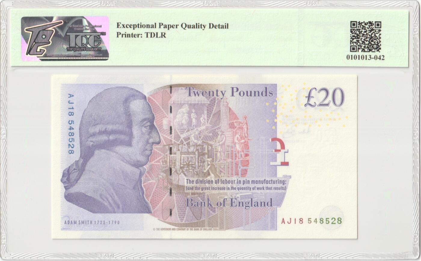 PThappally收藏第51次拍卖，英联邦地区硬币纸币 英国 年份 2007, 20 英镑 全新的 纸币 克劳斯目录编号: 392a, 签名: Bailey, 认证于: TQG 66 EPQD Gem UNC