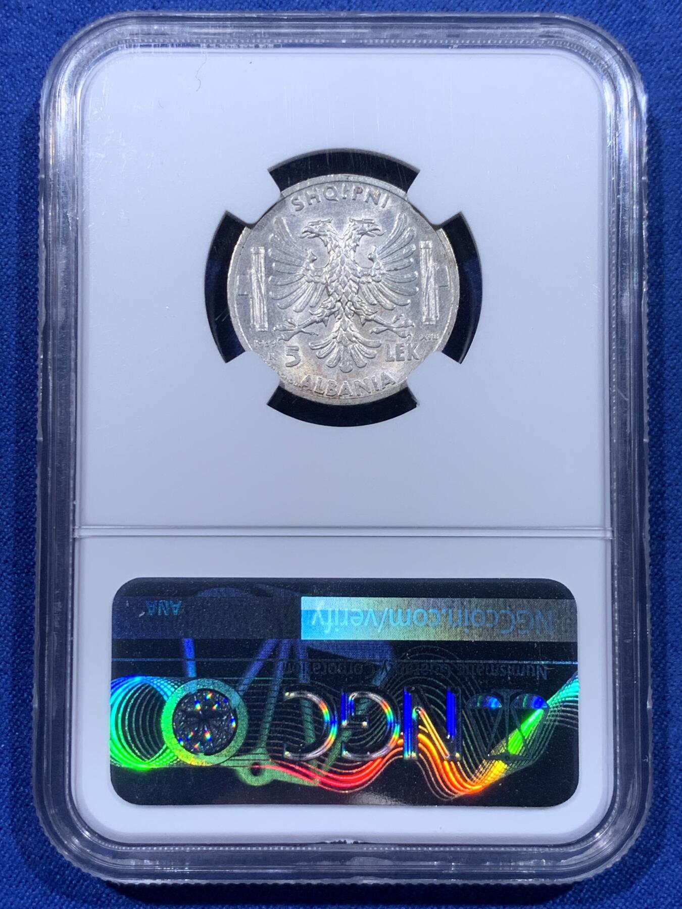 《竞宝斋》第399场 周日，周一，2场连拍 （全场包邮） NGC UNC 意属阿尔巴尼亚 1939年5列克银币 好品难得