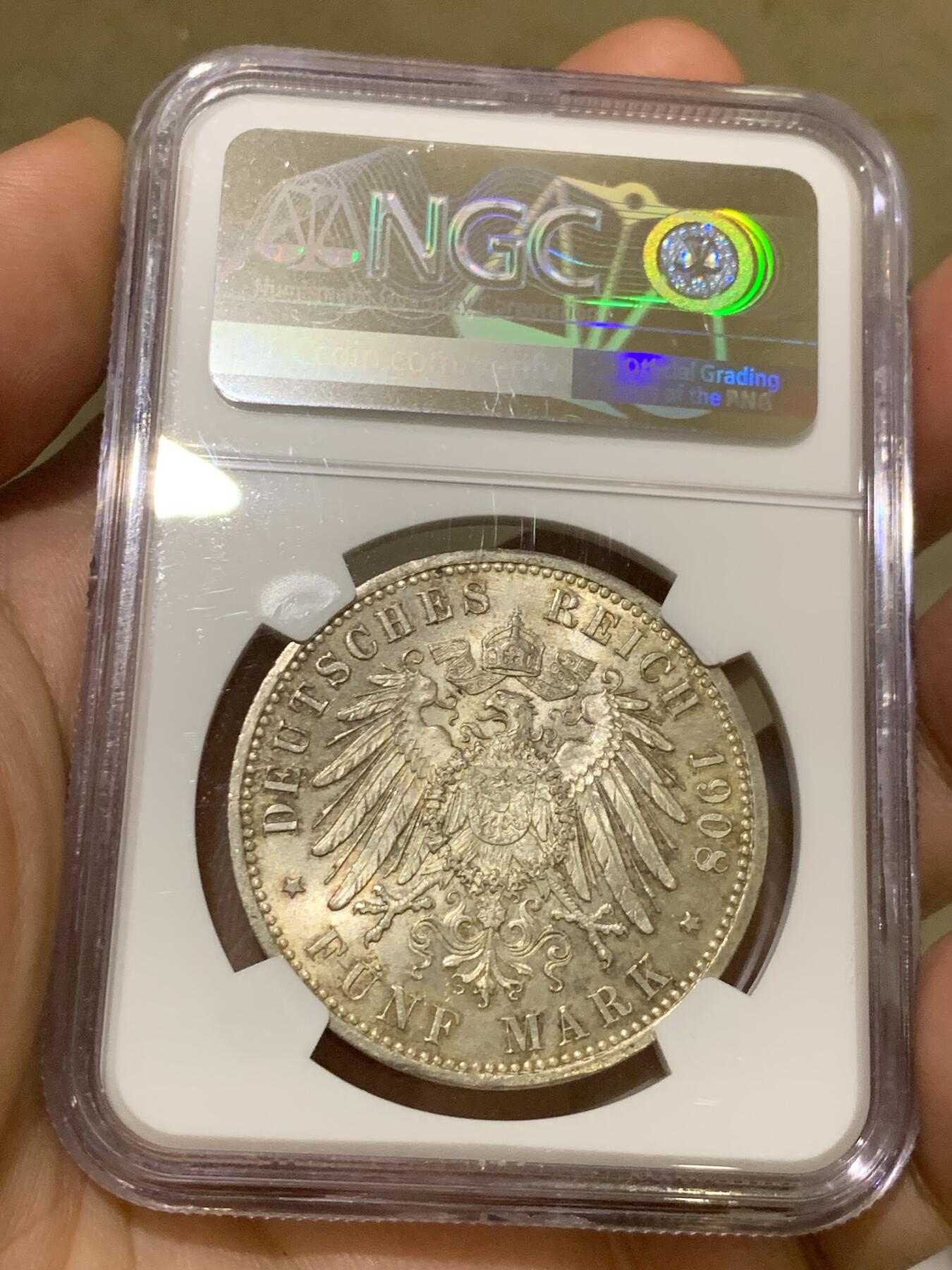 《竞宝斋》第399场 周日，周一，2场连拍 （全场包邮） NGC MS62 德国 1908年 威廉二世5马克大银币，流通品种，MS级极其稀少！一年就两三枚上拍记录。低评