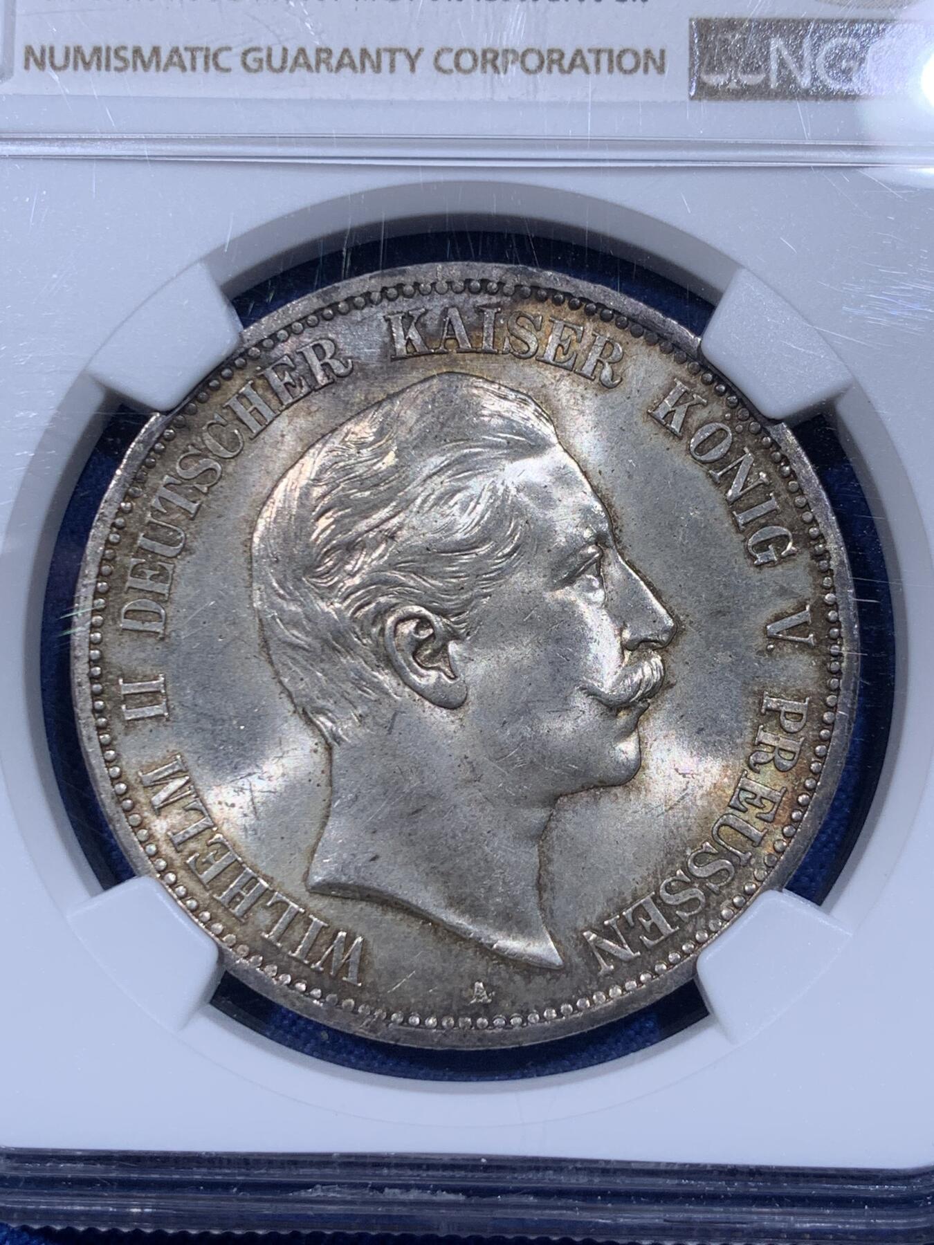 《竞宝斋》第399场 周日，周一，2场连拍 （全场包邮） NGC MS62 德国 1908年 威廉二世5马克大银币，流通品种，MS级极其稀少！一年就两三枚上拍记录。低评
