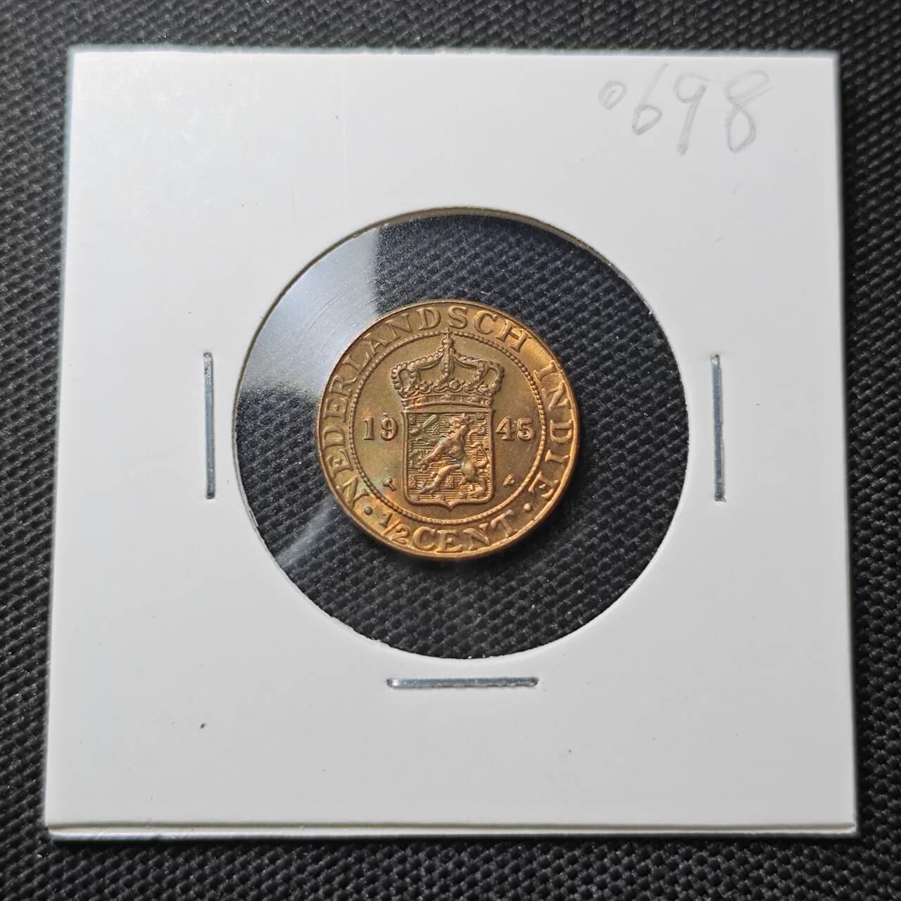 KK钱币收藏小铺 第306期 2月预留时间 周末发货 1945荷属东印度 1/2半分 好品