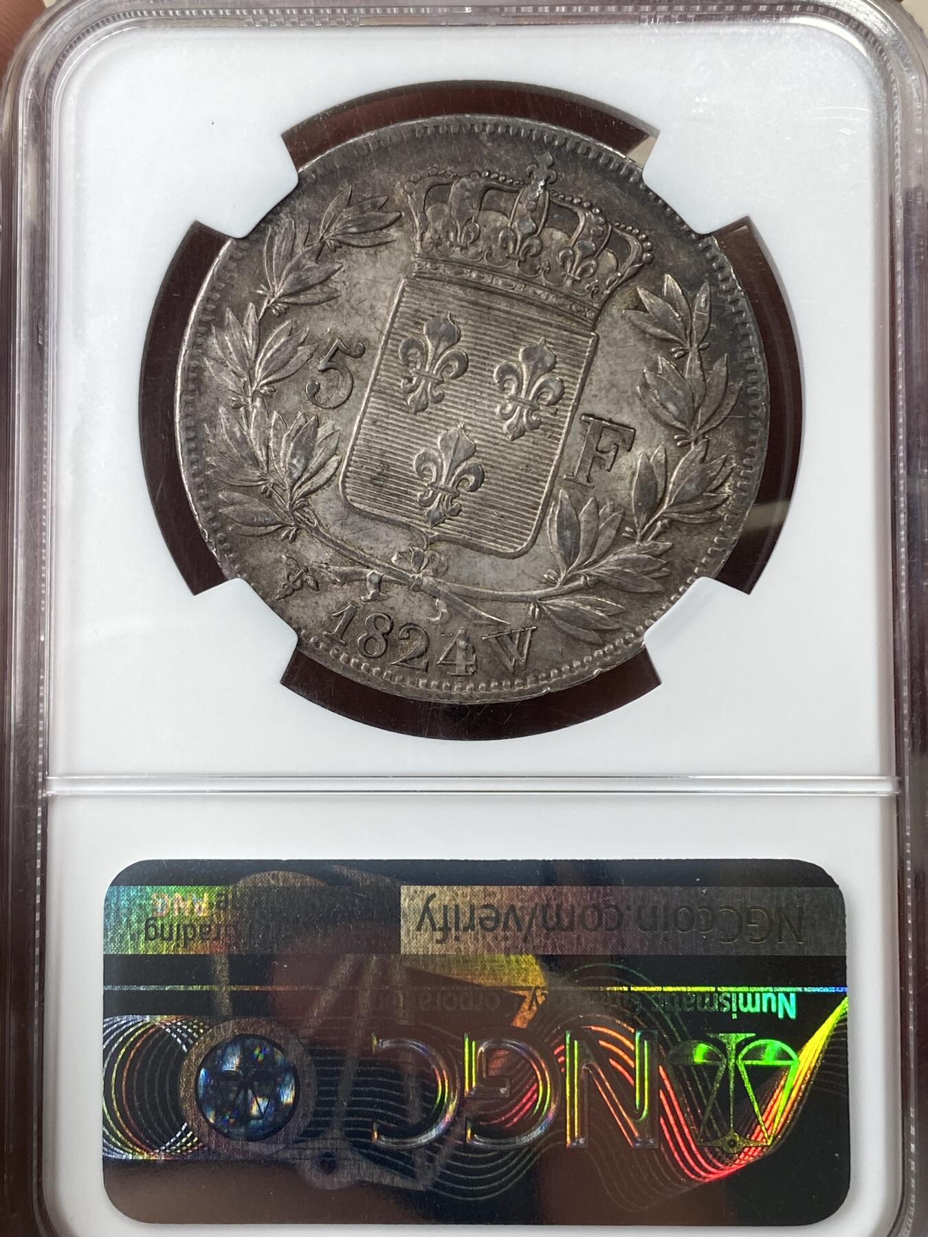 万国钱币拍卖第049期（万国夏季大拍） NGC MS63 1824W法国路易十八5法郎银币 里尔厂铸造 原味欧陆酱五彩难得
