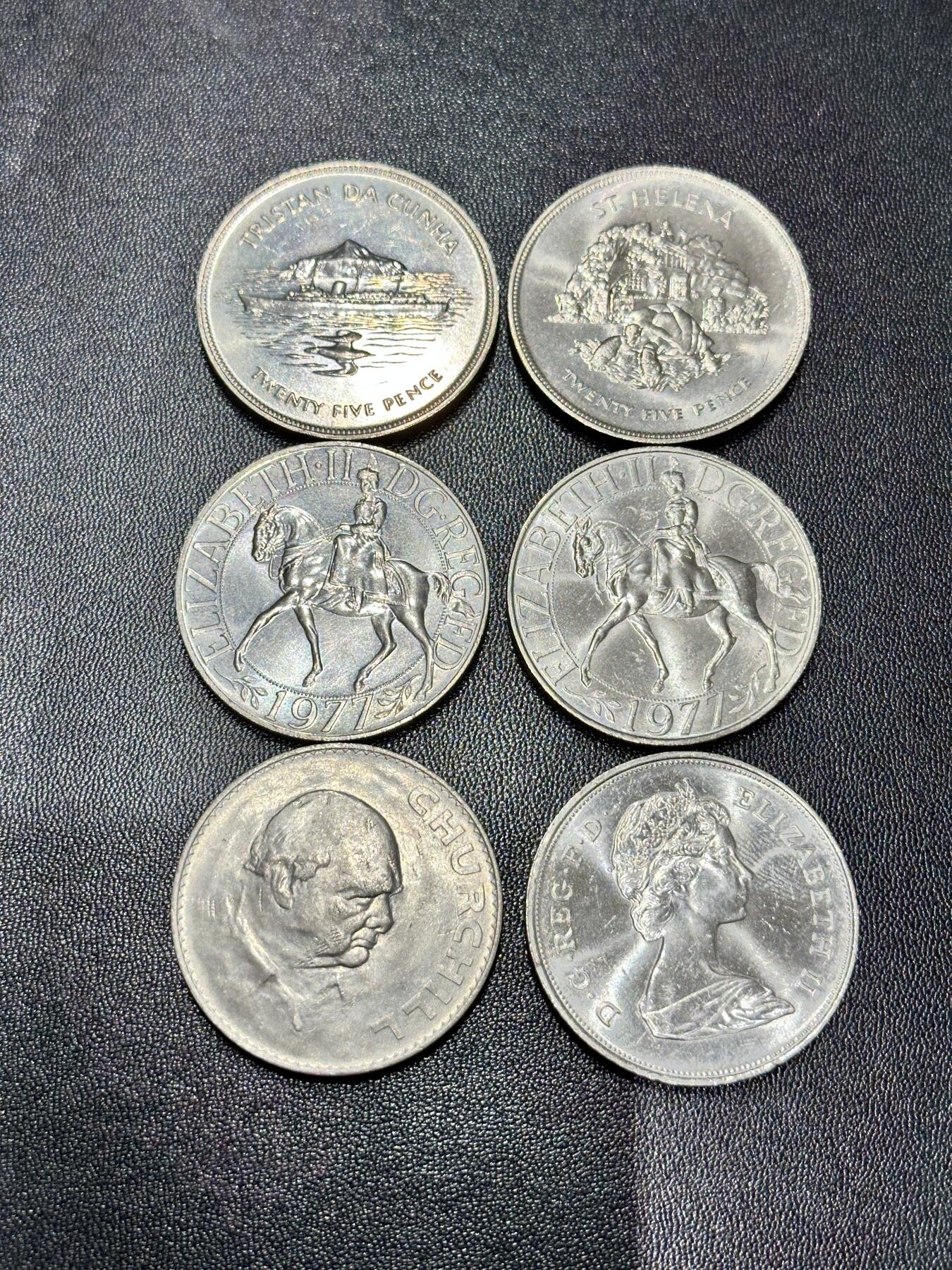 《外钞收藏家》第五百四十四期（本期大蚂蚁、英镑首发、港币等精品以及品种丰富的裸币）（本平台长期征集拍品、欢迎藏友们联系合作） 英属25便士和大克朗纪念币 六枚一起