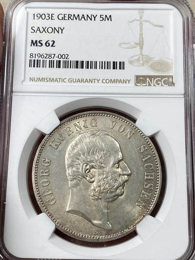 万国钱币拍卖第049期（万国夏季大拍） - NGC MS62 1903年德国萨克森乔治一世长翅流通5马克 流通版好品极其难得 原味黄油转光
