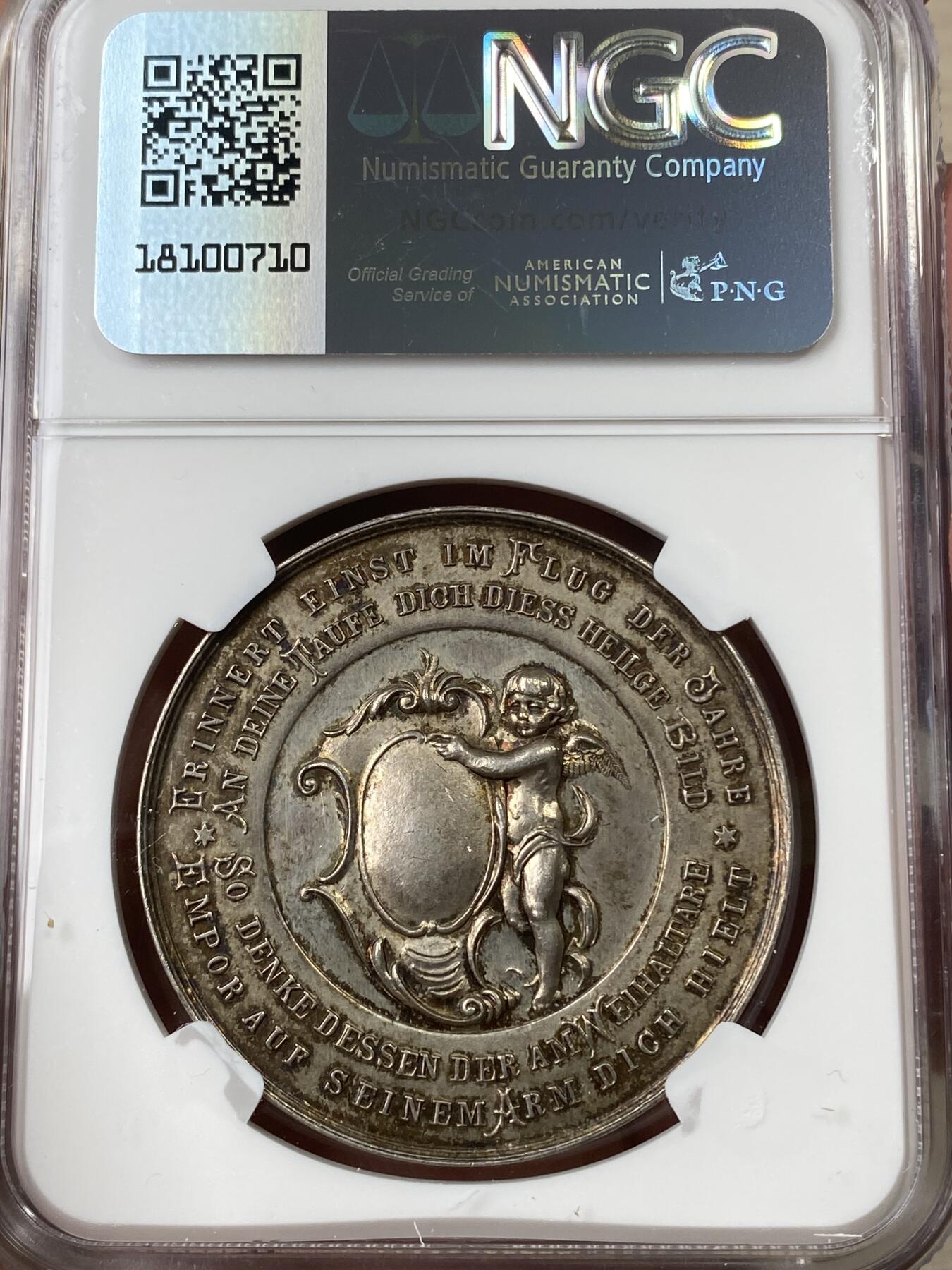 万国钱币拍卖第049期（万国夏季大拍） NGC MS62 19世纪奥地利洗礼纪念大银章 正面为耶稣在约旦河受洗 背面小天使手持盾徽未签名未使用款原味极美
