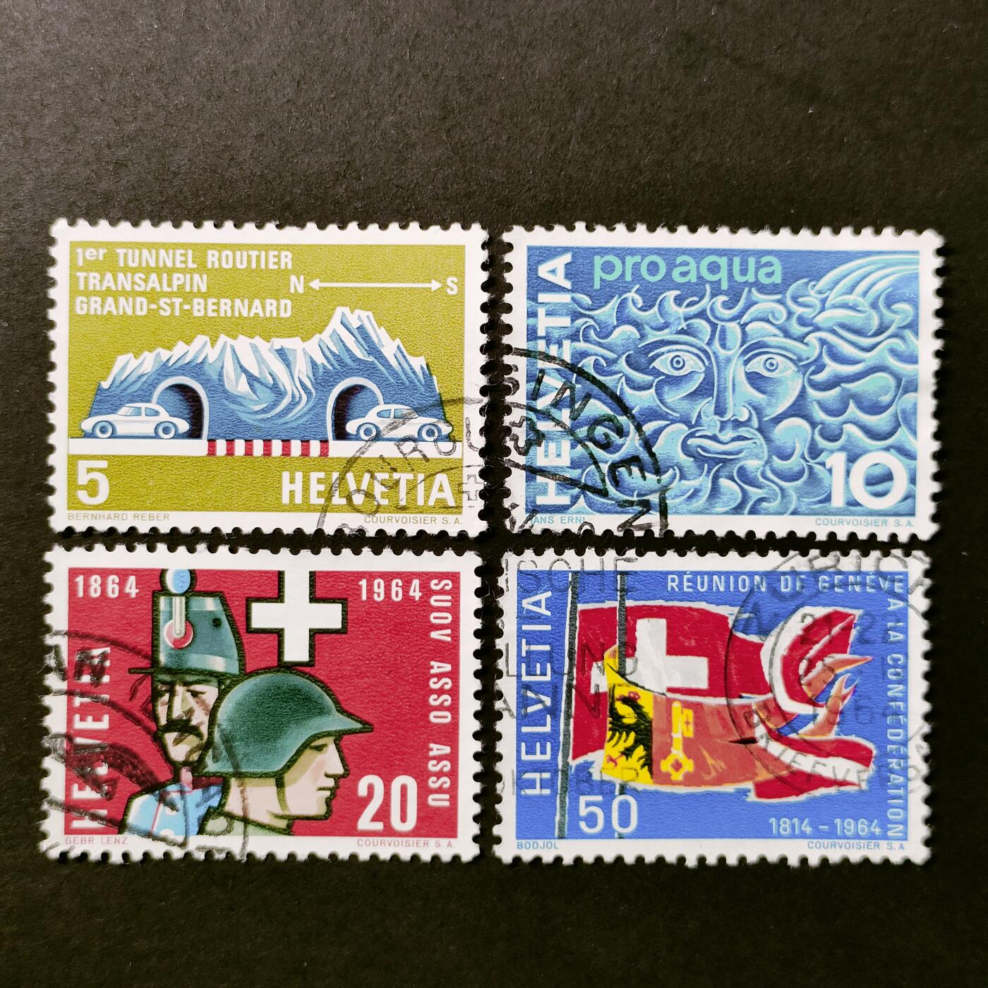 ↓君缘收藏524期☞钱币邮品↓无佣金、可寄存、满30元包邮  瑞士邮票，1964年年度事件：公路隧道开通.水域保护.士官联合会成立100周年.瑞士人抵达日内瓦150周年邮票4全