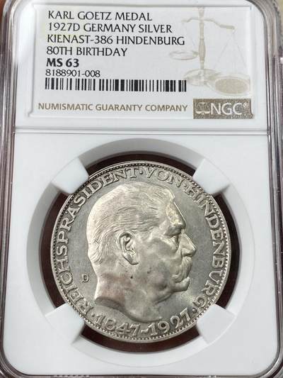 万国钱币拍卖第049期（万国夏季大拍） - NGC MS63 1927年德国魏玛共和国兴登堡总统80大寿5马克币章 卡尔哥茨作品 原味银霜感极强