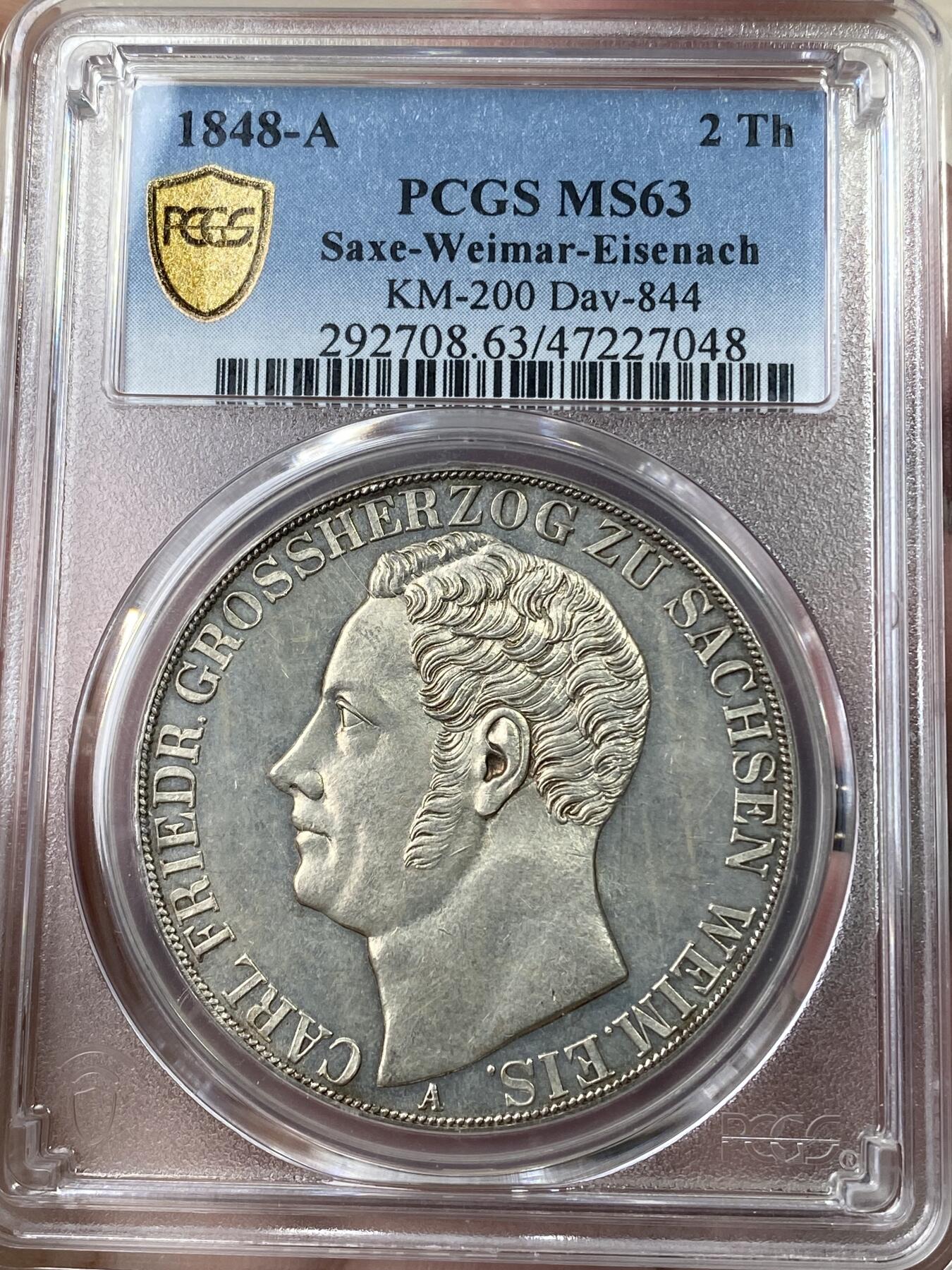 万国钱币拍卖第049期（万国夏季大拍） PCGS MS63 1848年德国萨克森-魏玛-爱森纳赫纹章流通2泰勒 单年发行1.9万枚的小邦名誉品种 好品极难 原味黄油转光浮雕质感 难以超越的品质 PC冠军分 