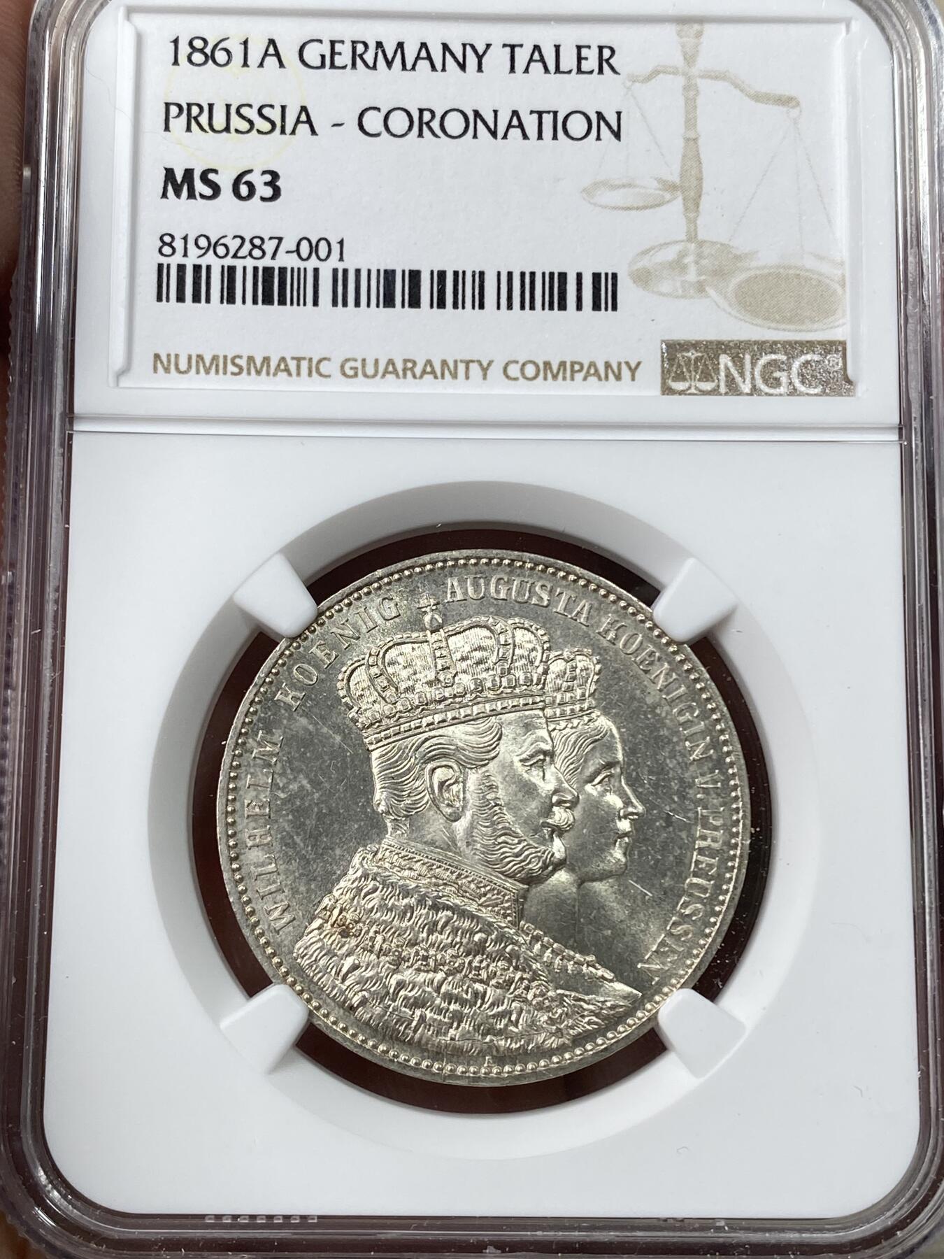 万国钱币拍卖第049期（万国夏季大拍） NGC MS63 1861年德国普鲁士威廉一世登基纪念泰勒 经典毛衣泰勒 十字转光