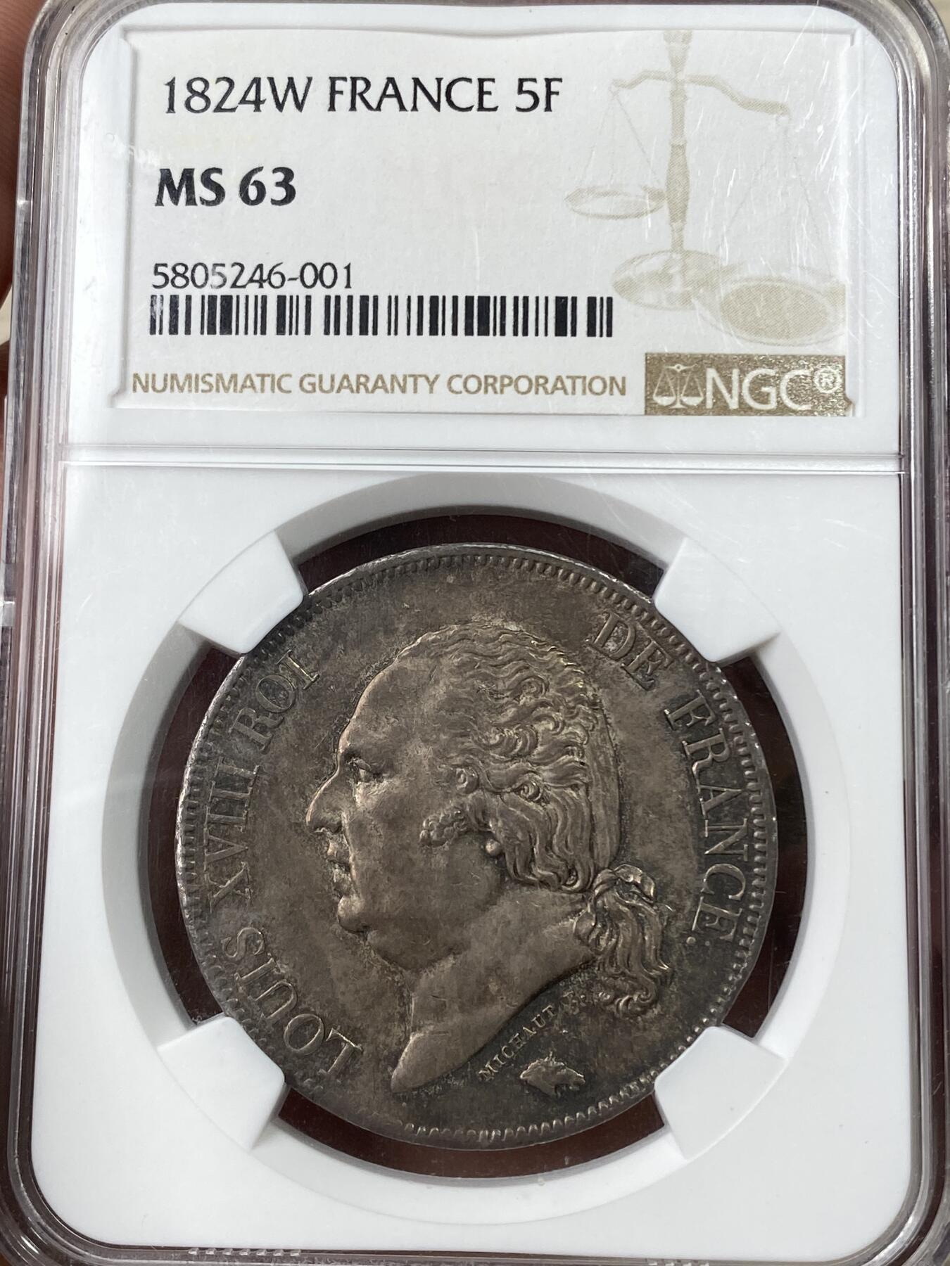 万国钱币拍卖第049期（万国夏季大拍） NGC MS63 1824W法国路易十八5法郎银币 里尔厂铸造 原味欧陆酱五彩难得