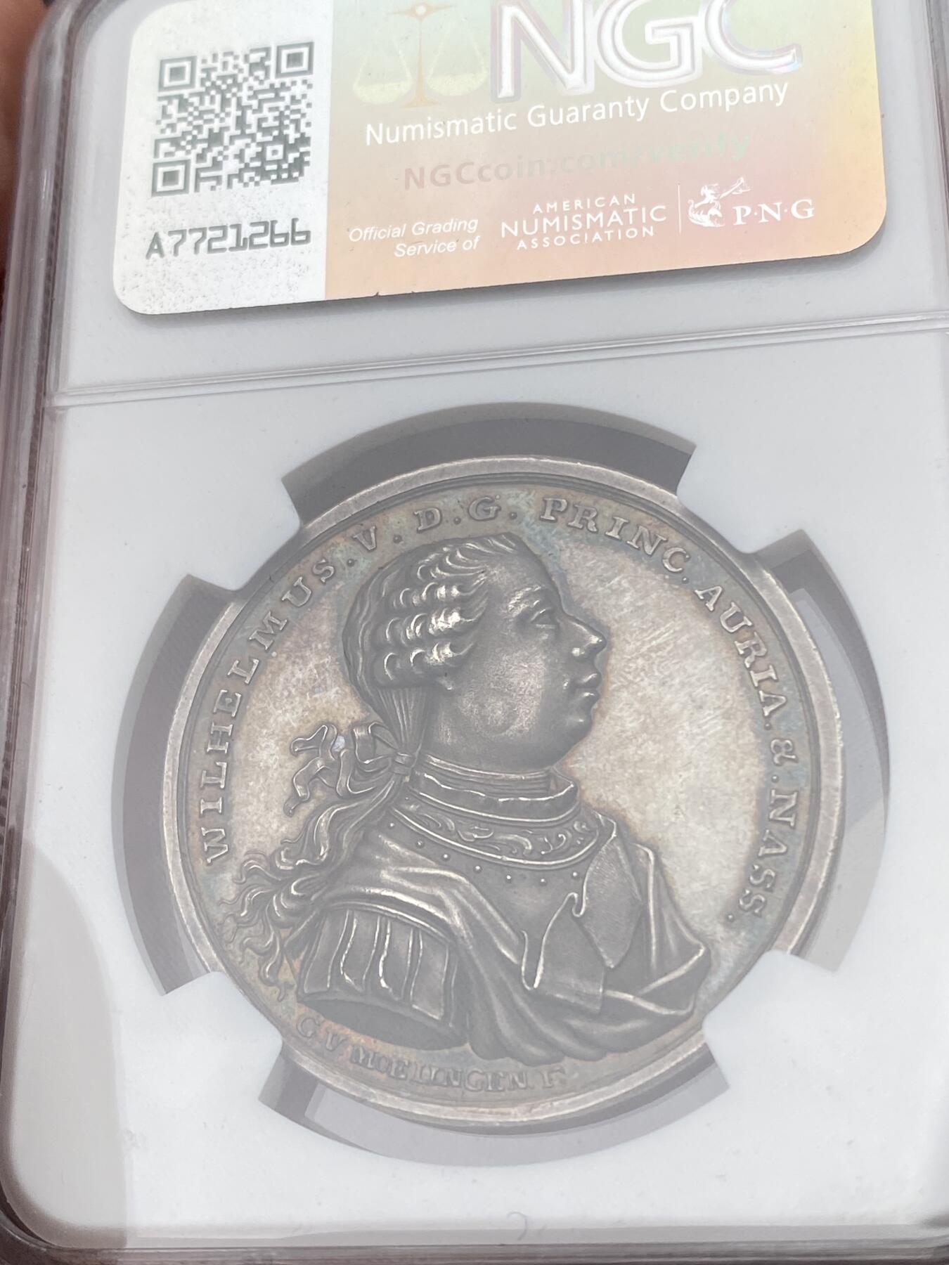 万国钱币拍卖第049期（万国夏季大拍） NGC MS64 1770年尼德兰联省共和国威廉五世女儿弗雷德里克卡·路易丝·威廉敏娜公主诞生纪念银章 极罕见尼德兰联省共和国最后一位世袭执政奥兰治与拿骚亲王 高浮雕底板与高点均为完美 不可多得的顶级收藏