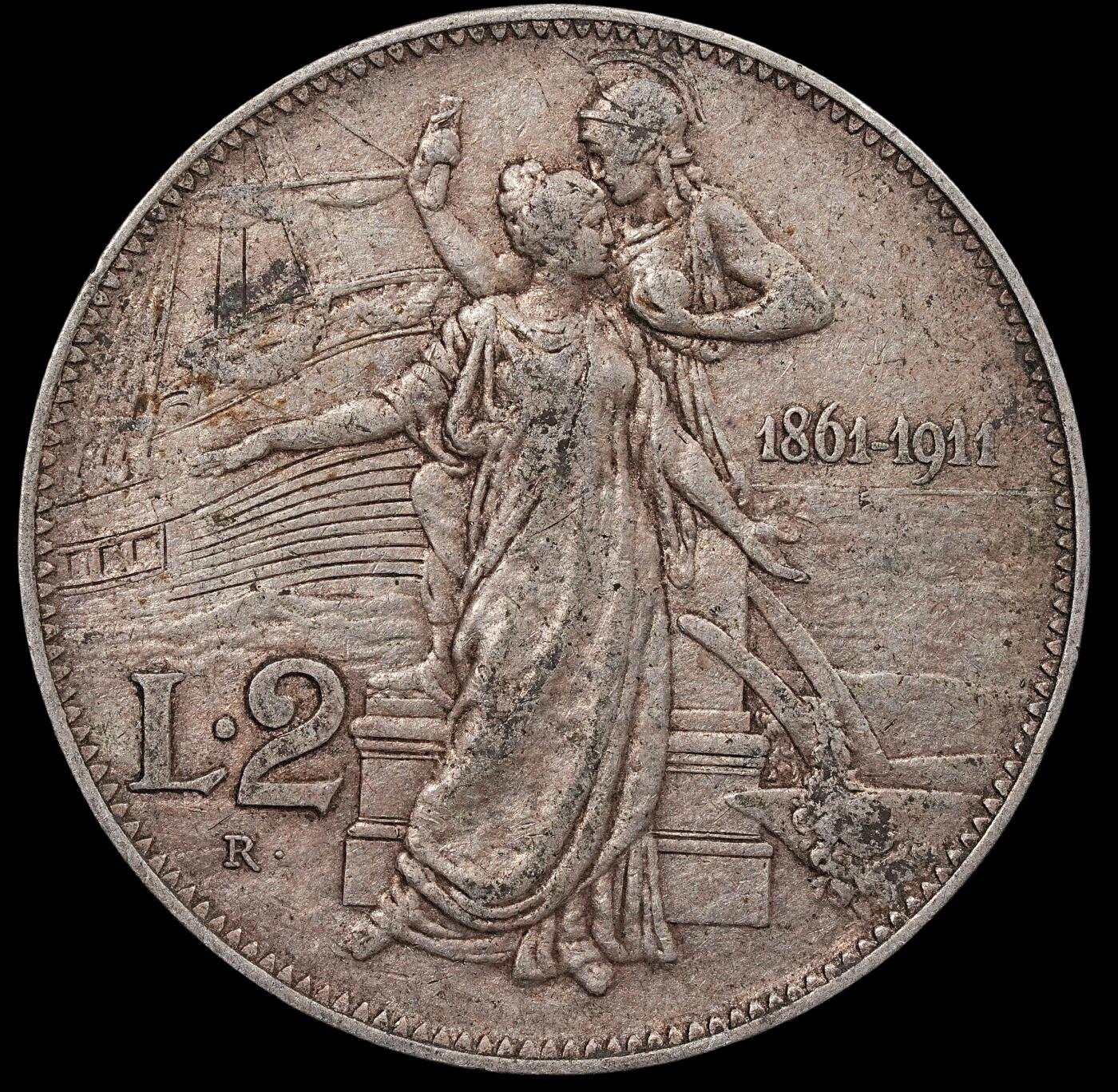 修遠堂世界钱币第七十七期 1911年意大利王国建国50周年托奶2里拉银币