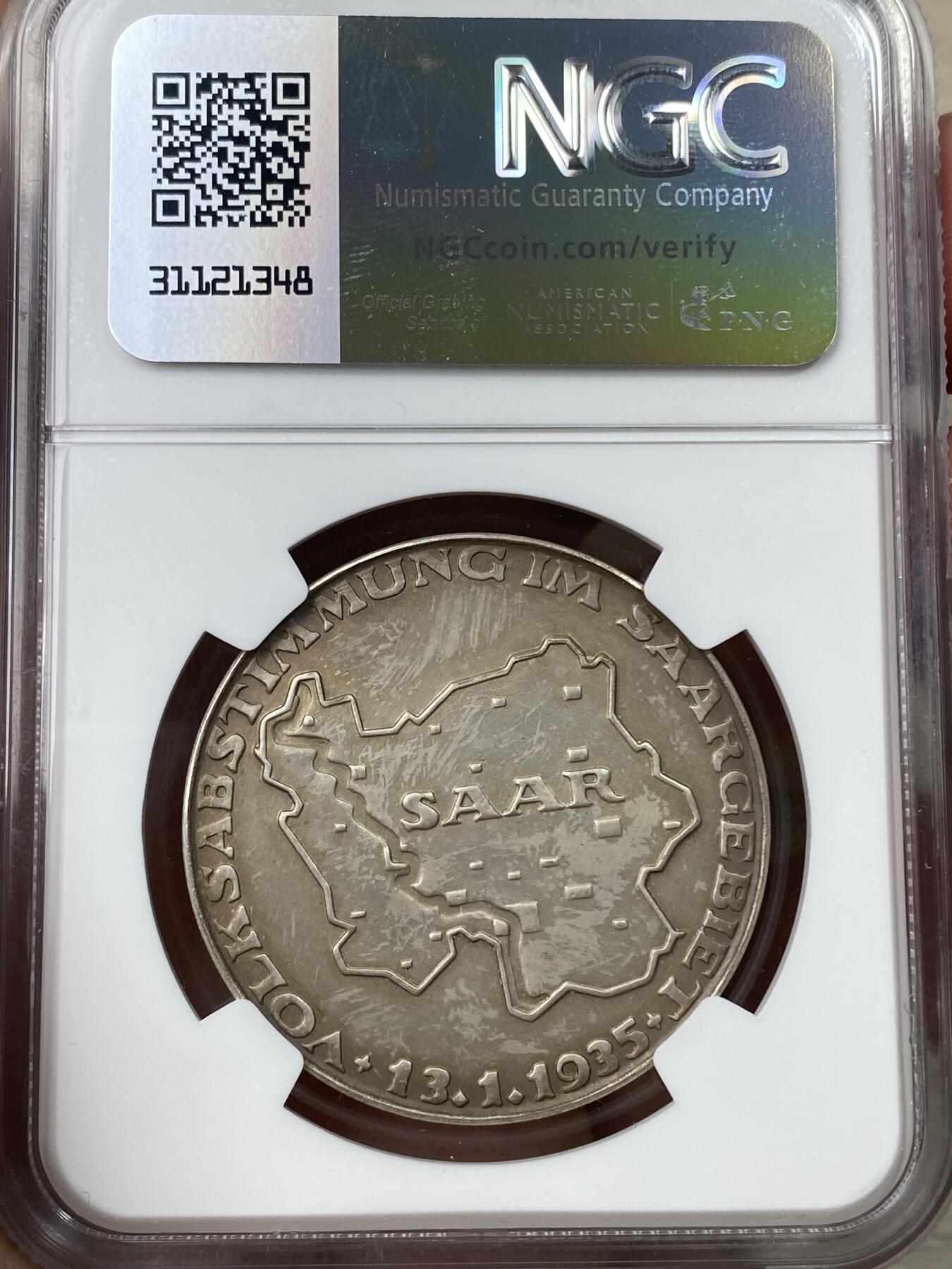 万国钱币拍卖第049期（万国夏季大拍） NGC MS64 1935年德国萨尔区回归纪念银章 原味天鹅绒彩银光充沛