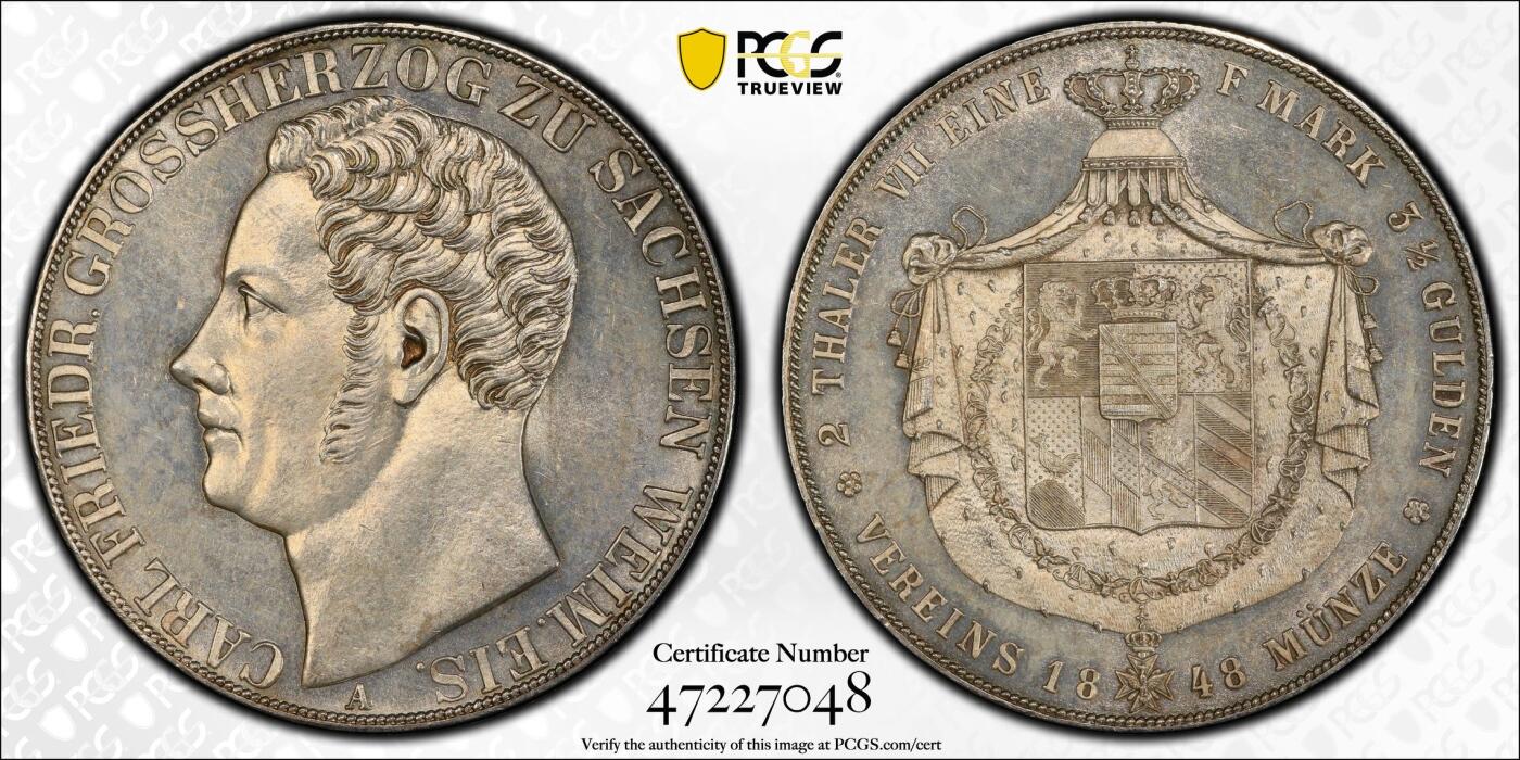 万国钱币拍卖第049期（万国夏季大拍） PCGS MS63 1848年德国萨克森-魏玛-爱森纳赫纹章流通2泰勒 单年发行1.9万枚的小邦名誉品种 好品极难 原味黄油转光浮雕质感 难以超越的品质 PC冠军分 