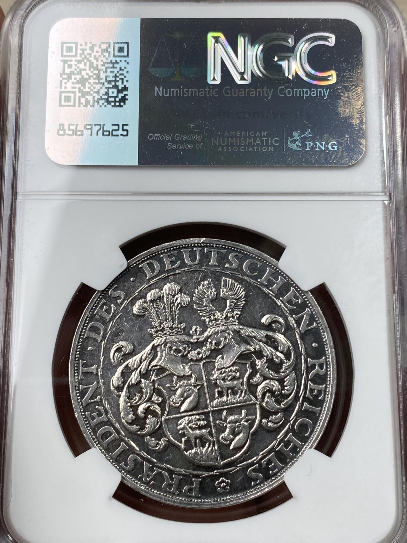 万国钱币拍卖第049期（万国夏季大拍） NGC PF58 1928年德国魏玛共和国兴登堡总统5马克币章 伯恩哈特设计经典左脸像 精制黑彩锋利感十足