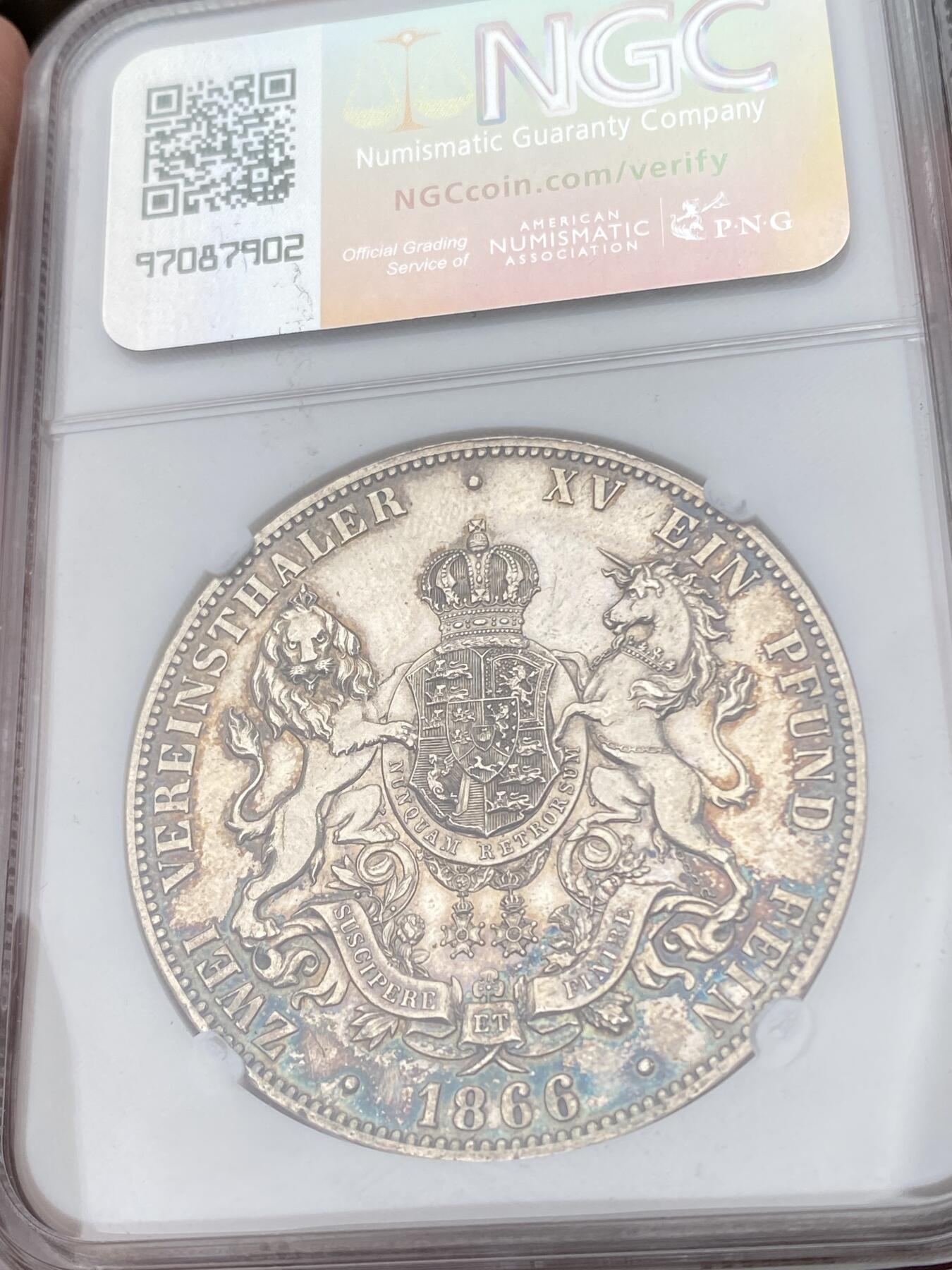 万国钱币拍卖第049期（万国夏季大拍） NGC MS61 1866年德国汉诺威狮马英式盾徽流通2泰勒 汉诺威最后的2T 幻蓝彩高点极佳