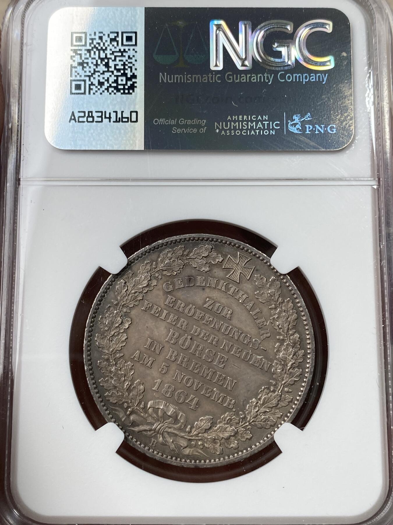 万国钱币拍卖第049期（万国夏季大拍） NGC MS61 1864年德国不莱梅证券交易所1泰勒 发行量仅5000枚联合泰勒名誉品种 其建筑细节刻画丝丝入扣 均匀深玫瑰色包浆