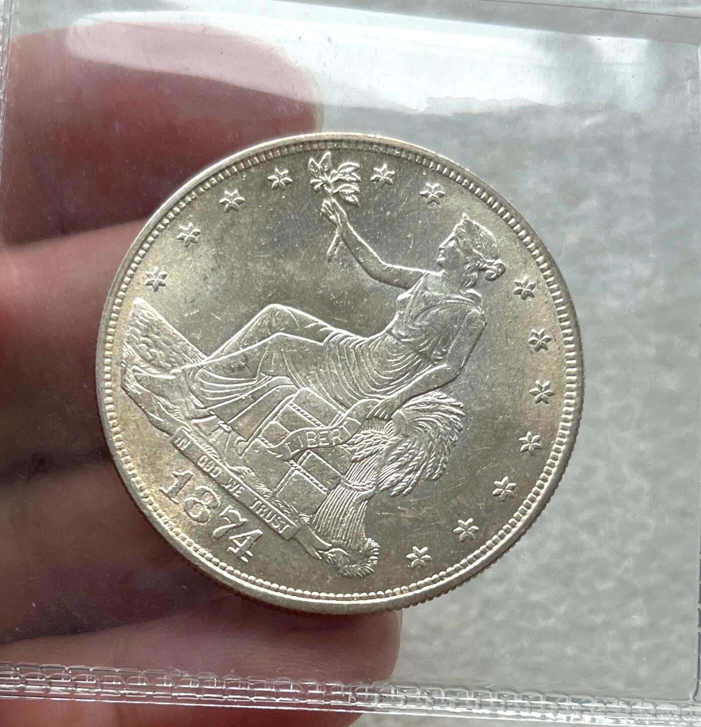 外国老铜银币，福在眼前手雕镂空玉牌，历代古钱币（含秦半两、五铢记号钱、常平五铢、会昌开元、南宋钱），彼得堡世界钱币勋章拍卖第129期 美国1874年1元拿花贸易银币，带光好品。送上海NGC未给进盒，无法鉴定、真赝不明，可以转国评试。银质粉光，一千多国外拍卖会淘回来的，去年上拍过，没给进盒客户退回来了