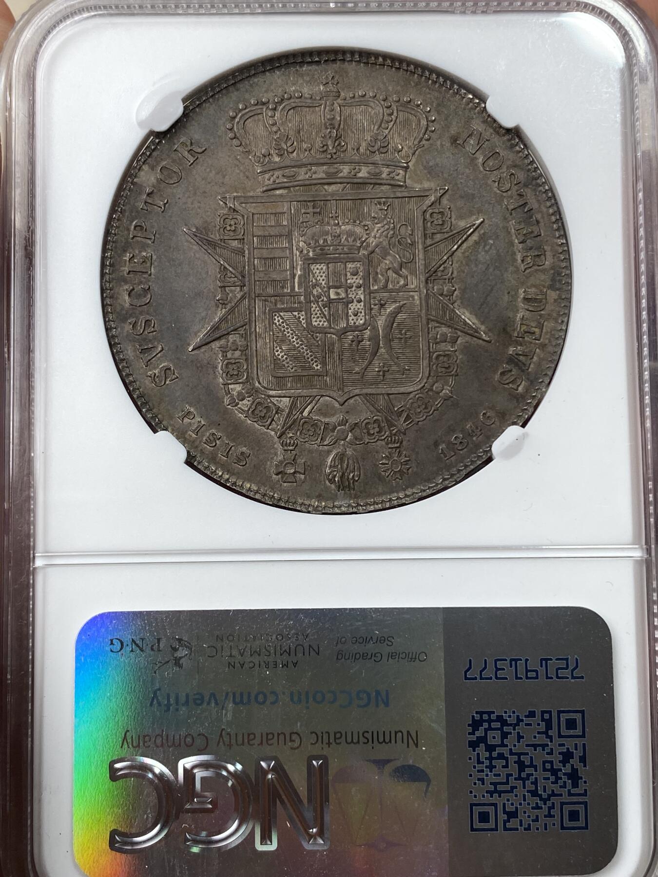 万国钱币拍卖第049期（万国夏季大拍） NGC MS63 1846意大利托斯卡纳利奥波德二世4菲奥里尼大银 醇厚欧陆酱彩 全深打收藏级状态 