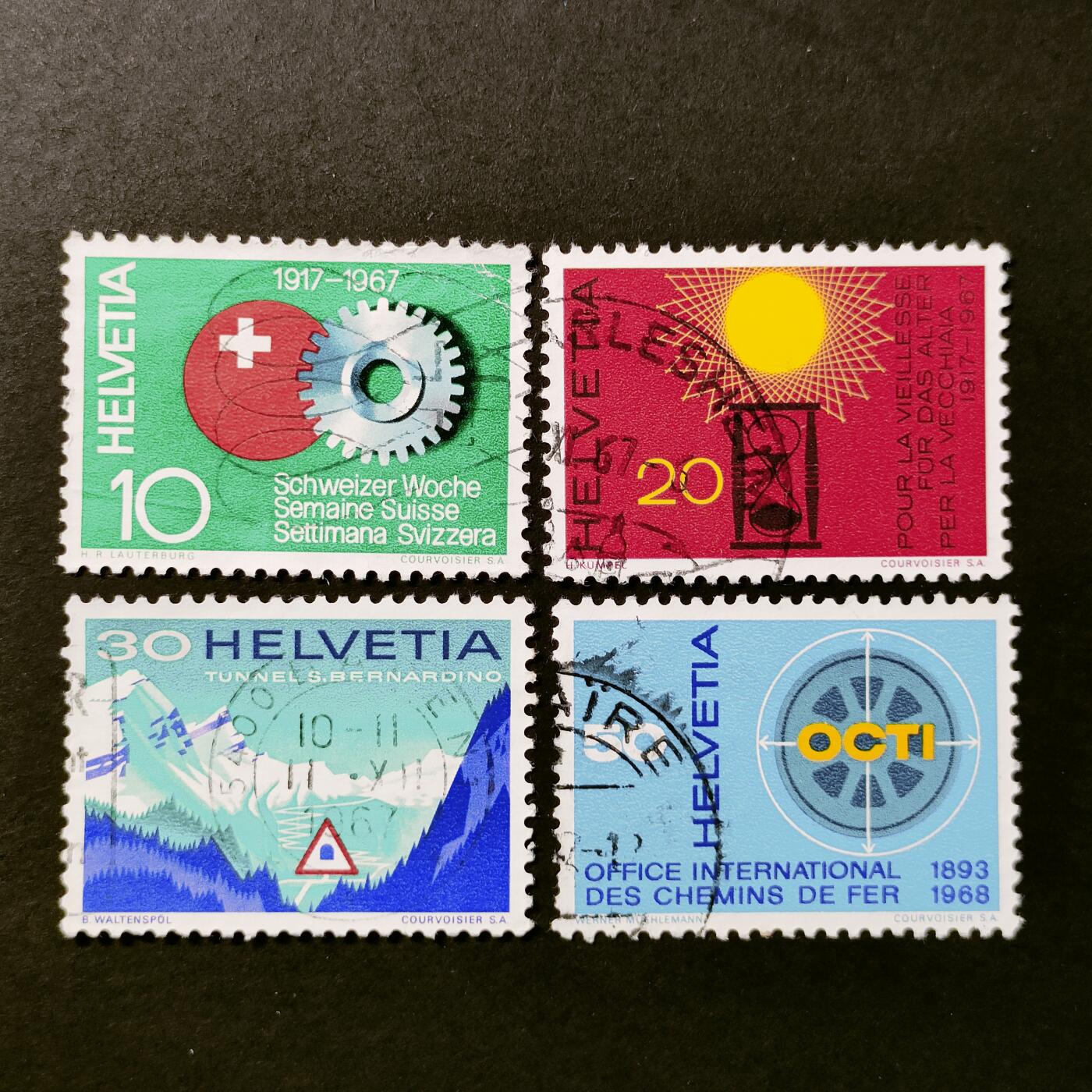 ↓君缘收藏524期☞钱币邮品↓无佣金、可寄存、满30元包邮  瑞士邮票，1967年年度事件：老年基金会50周年.公路隧道开通.国际铁路运输中央办公室75周年等4全