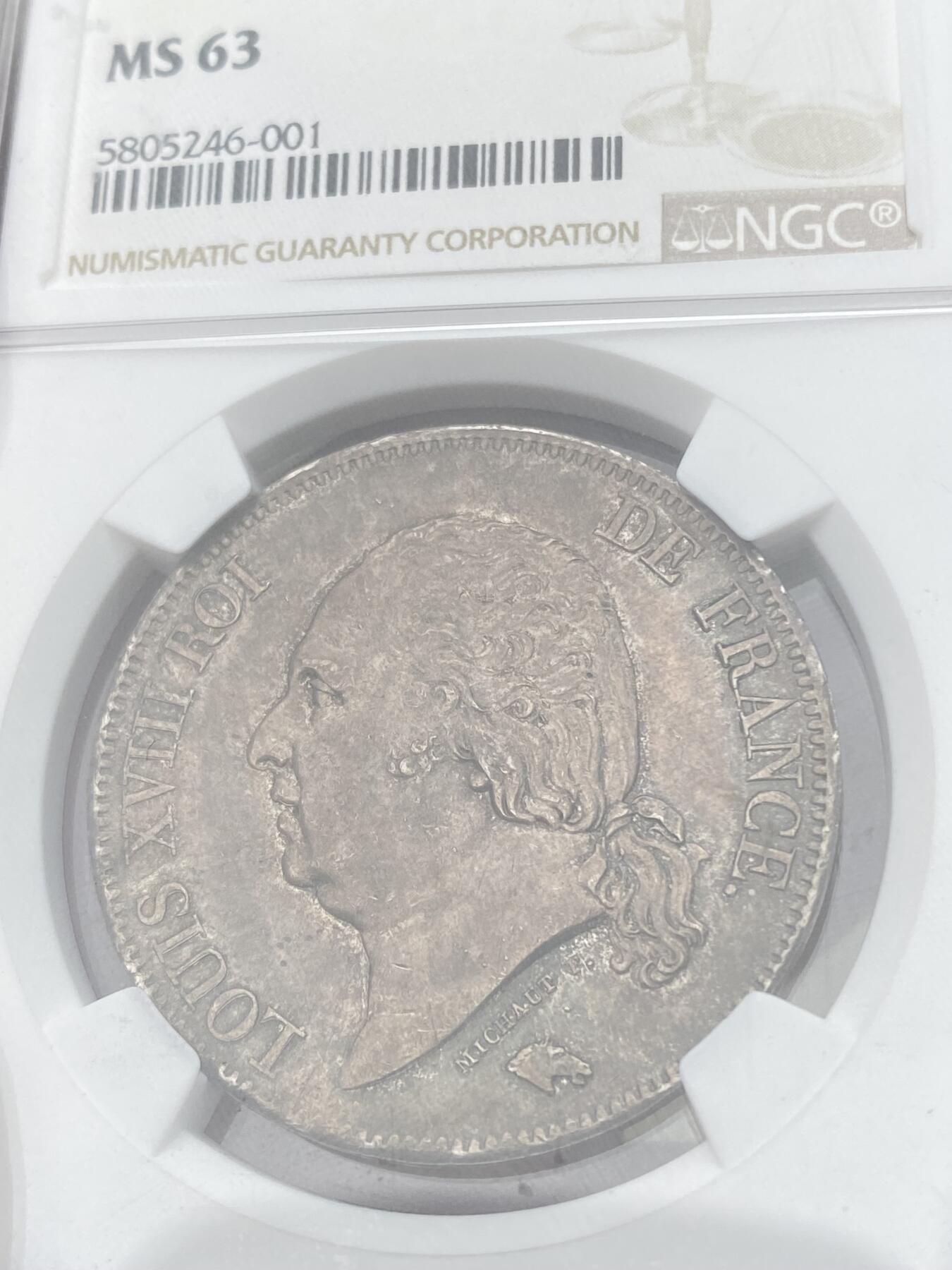 万国钱币拍卖第049期（万国夏季大拍） NGC MS63 1824W法国路易十八5法郎银币 里尔厂铸造 原味欧陆酱五彩难得