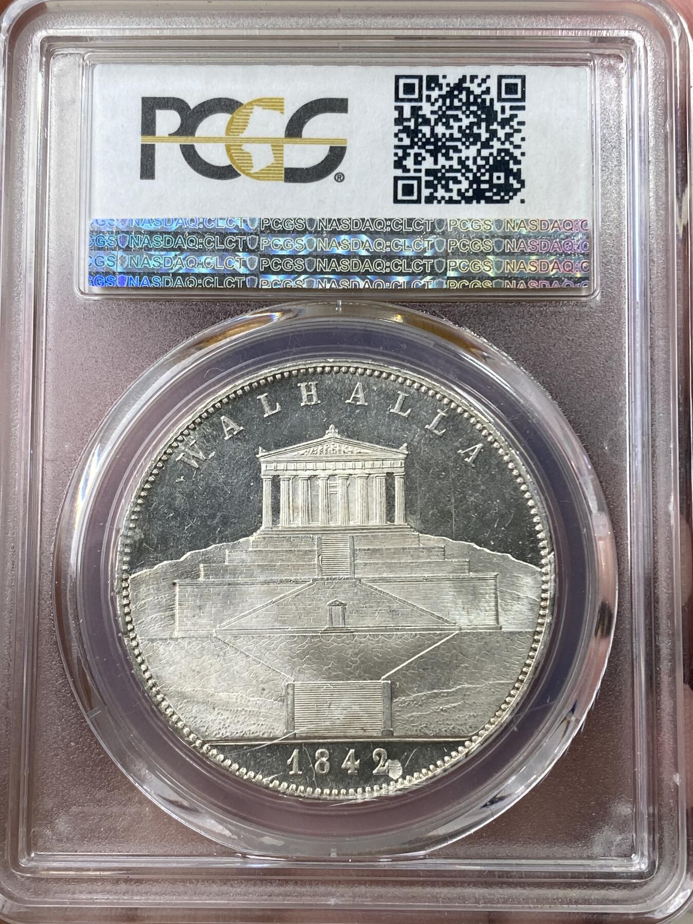 万国钱币拍卖第049期（万国夏季大拍） PCGS MS63PL 1842巴伐利亚路德维希一世瓦尔哈拉历史2泰勒 瓦尔哈拉英灵殿 新古典主义建筑的代表之作 全德意志最伟大灵魂的归宿 PROOF LIKE镜面喷砂状态 PC唯一亚军 更高分仅一枚 一览众山小的顶级视觉享受