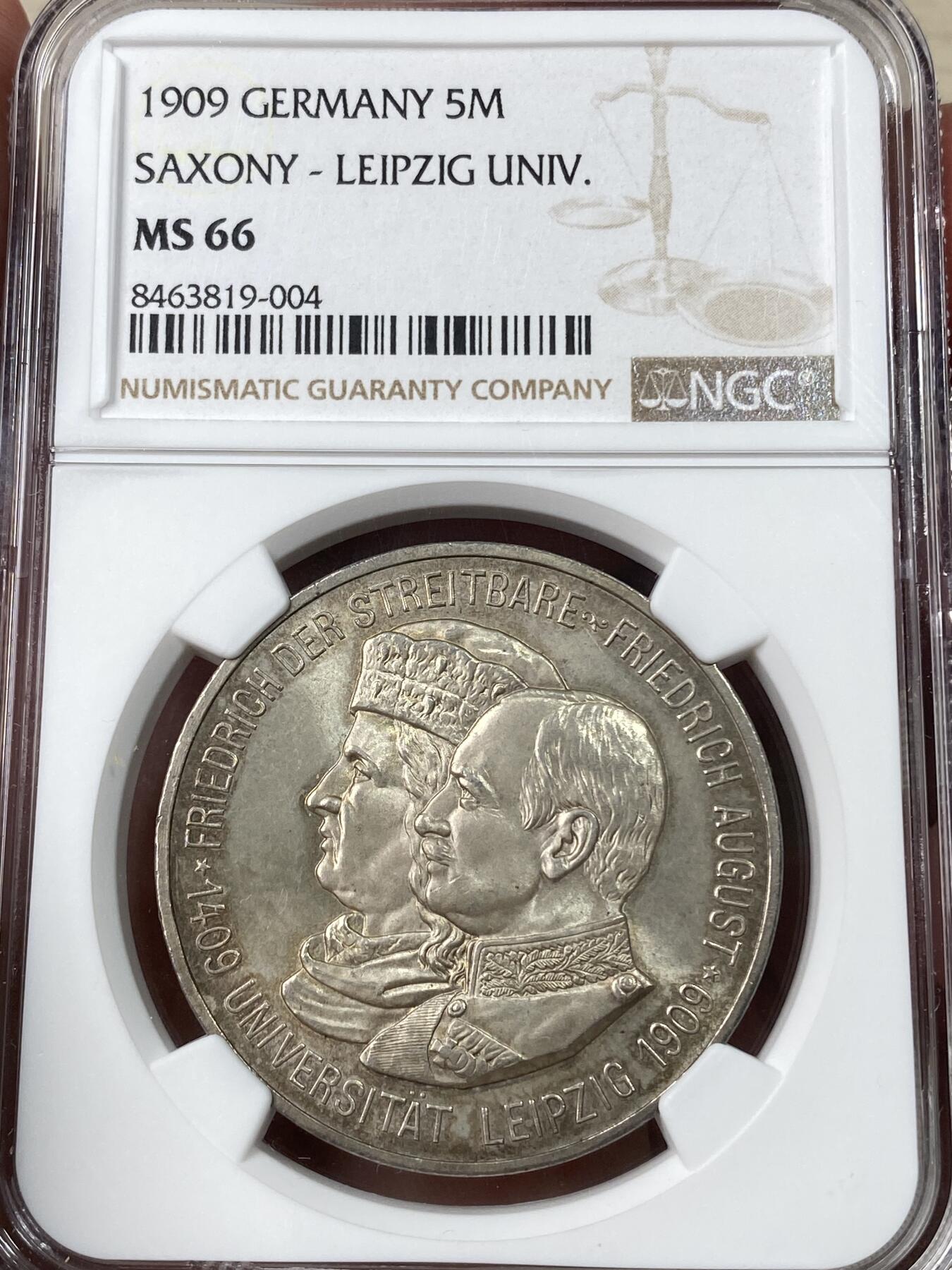 万国钱币拍卖第049期（万国夏季大拍） NGC MS66 1909年德国萨克森莱比锡长翅5马克 邮票光泽黄油包浆 分数与状态皆是顶级