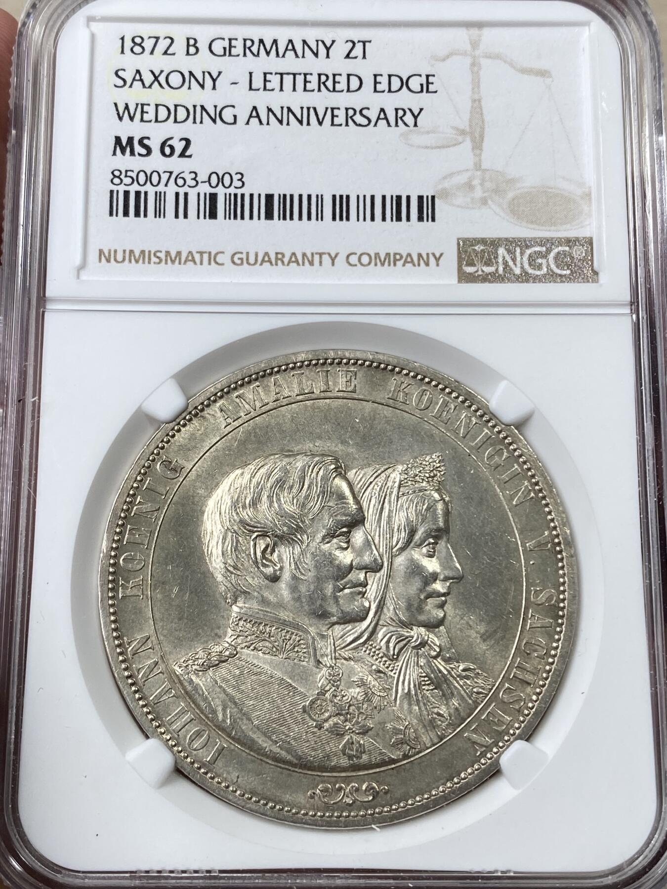 万国钱币拍卖第049期（万国夏季大拍） NGC MS62 1872年德国萨克森金婚2泰勒 帝国最后的2泰勒 原味状态与十字转光相辅相成 