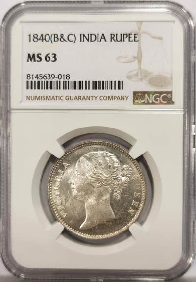 博洋堂世界钱币拍卖第130期（全场包邮） - NGC MS63 英属东印度公司1840年维多利亚双辫版1卢比银币