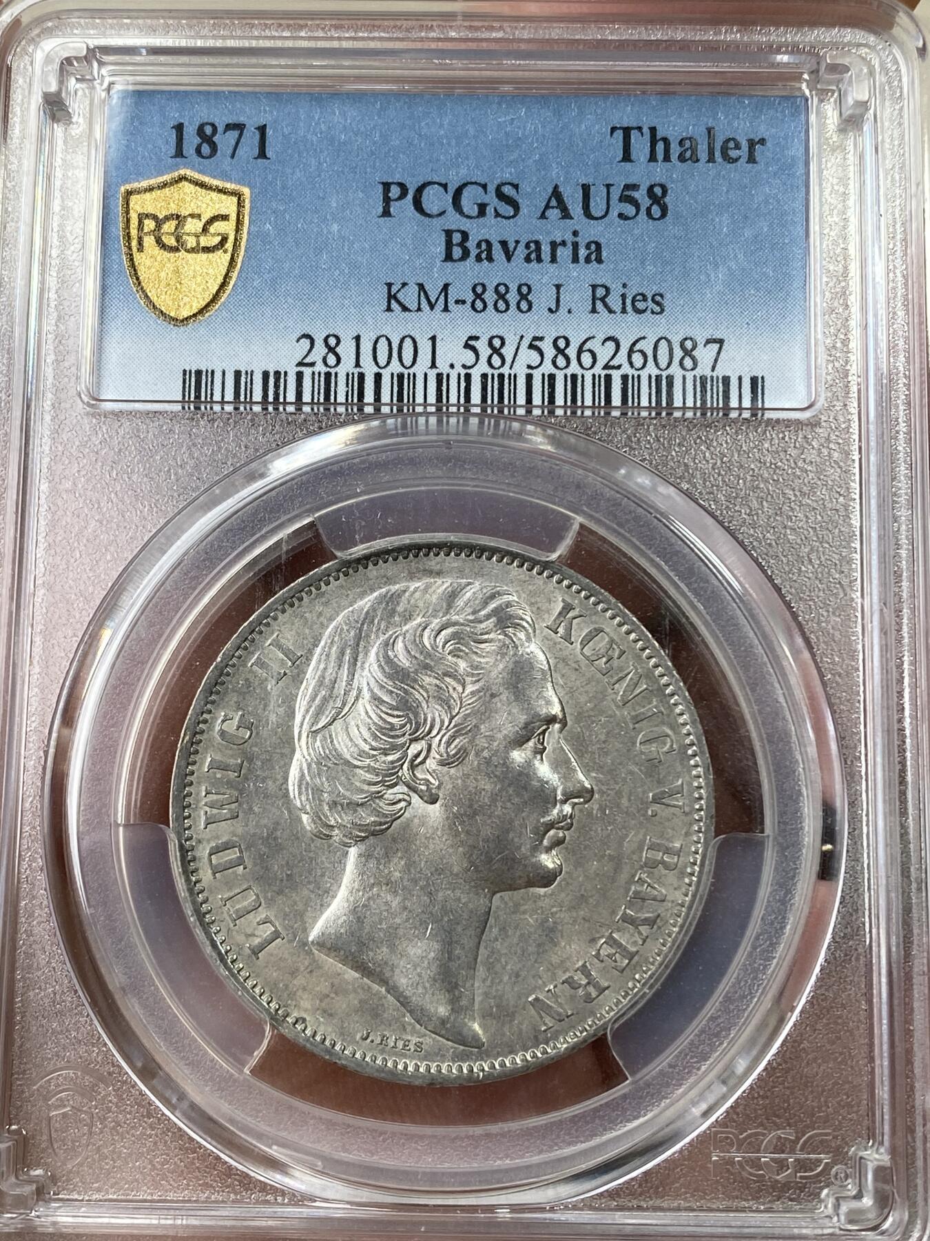 万国钱币拍卖第049期（万国夏季大拍） PCGS AU58 1871年德国巴伐利亚路德维希二世双狮护盾流通1泰勒 罕见的J.Ries版胜利泰勒头像 区别之前的G.Voigt版头像 可以说是路二1泰勒中最难的一版 原味欧陆纸袋包浆 欧拍价格非常猛烈的罕见品种