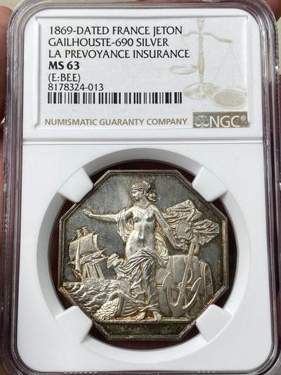 万国钱币拍卖第049期（万国夏季大拍） - NGC MS63 1869年法国先见之明保险公司八角银质代币 优雅法国女神 镜面金光 18.78g 36mm 1860-1879蜜蜂边铭