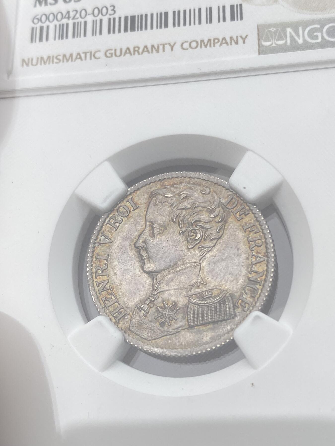 万国钱币拍卖第049期（万国夏季大拍） NGC MS63 1831法国亨利五世1法郎银样币 原味五彩镜面 由保皇党发行的样币