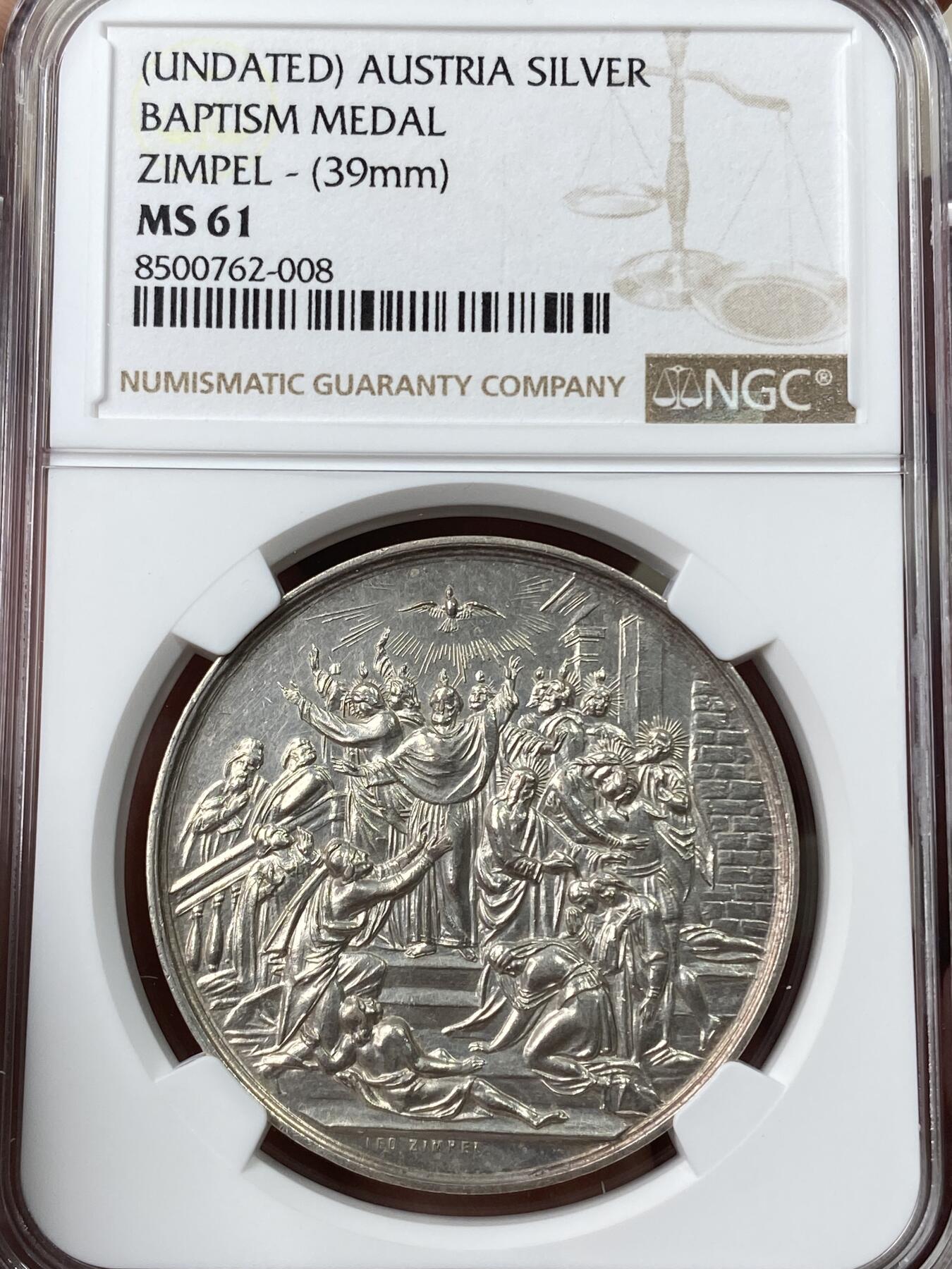 万国钱币拍卖第049期（万国夏季大拍） NGC MS61 19世纪奥地利宗教坚信礼纪念大银章 圣灵照耀众神 玫瑰环彩完美高浮雕收藏品质