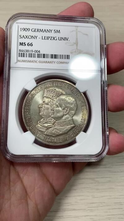 万国钱币拍卖第049期（万国夏季大拍） NGC MS66 1909年德国萨克森莱比锡长翅5马克 邮票光泽黄油包浆 分数与状态皆是顶级