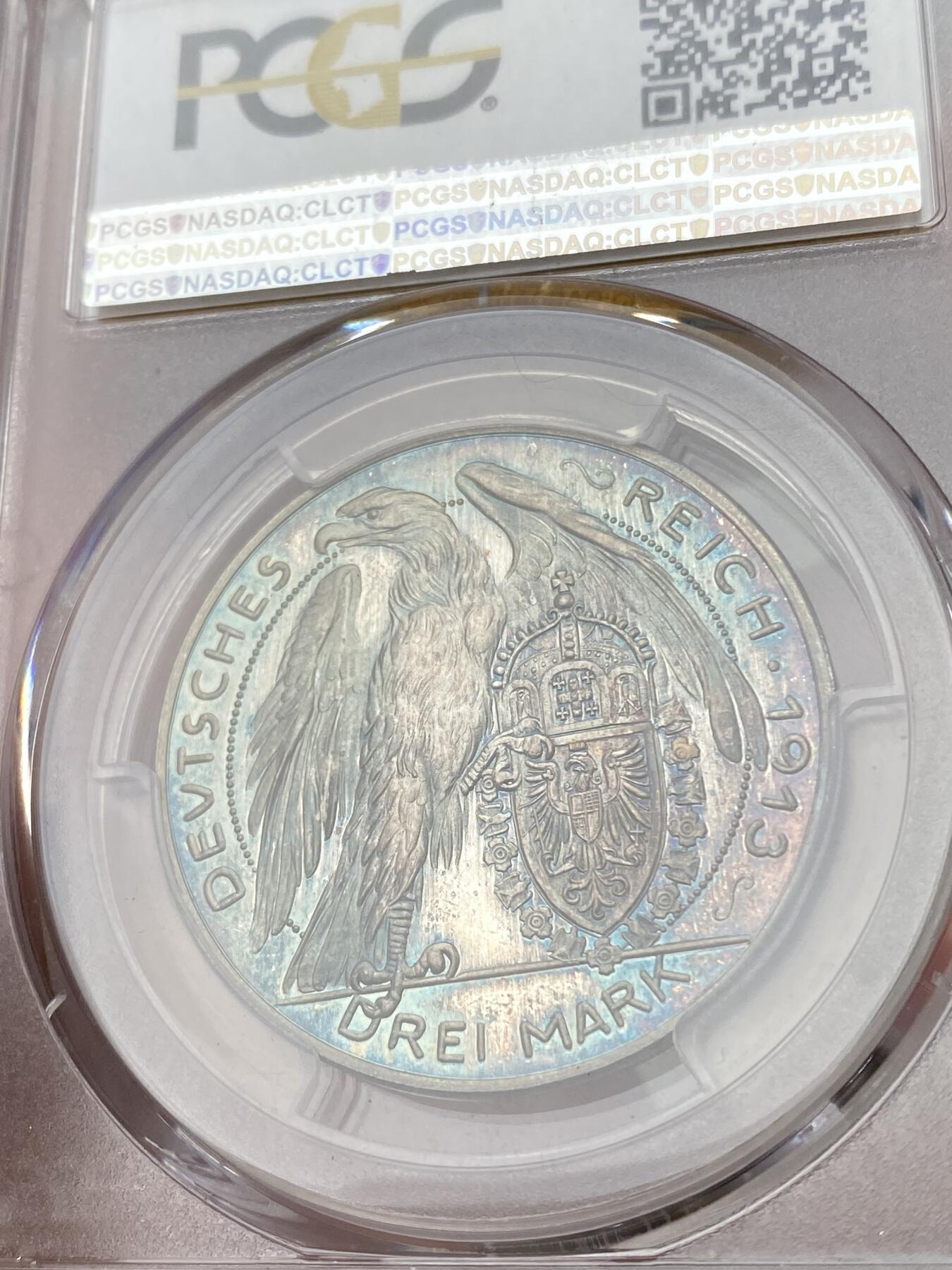 万国钱币拍卖第049期（万国夏季大拍） PCGS SP65 1913年德国巴伐利亚路德维希三世银质3马克样币 卡尔哥茨倾力之作 银质罕见 慕尼黑造币厂铸 帝国鹰雄壮霸气 顶级孔雀蓝幻彩沁人心脾
