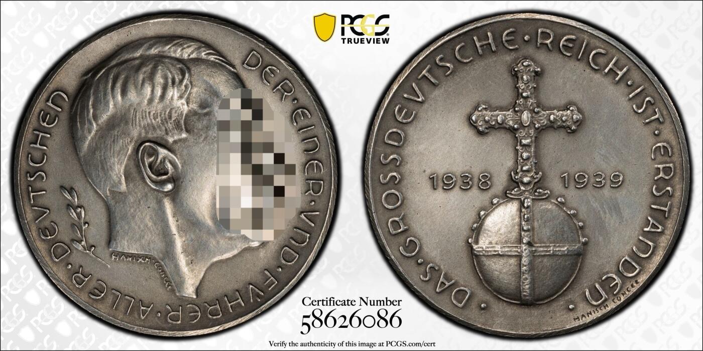 万国钱币拍卖第049期（万国夏季大拍） PCGS SP62 1939年德国民族社会主义工人党纪念吞并奥地利银章 少见的C-116无日期版本 原味品质 （原图请私信后台或自行查询官网）