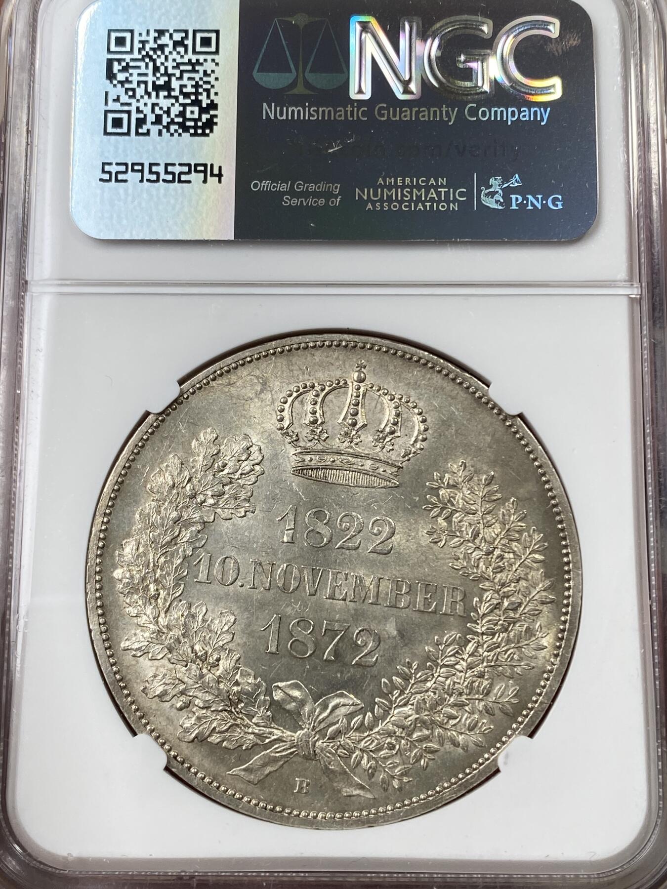 万国钱币拍卖第049期（万国夏季大拍） NGC MS62 1872年德国萨克森金婚2泰勒 帝国最后的2泰勒 原味状态与十字转光相辅相成 
