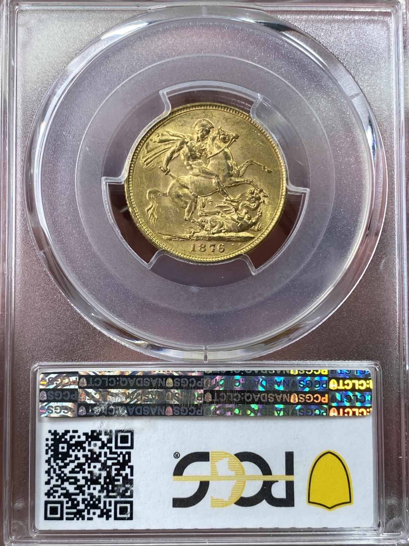万国钱币拍卖第049期（万国夏季大拍） PCGS MS62 1876英属澳大利亚维多利亚1索维林马剑金币 黄金转光 7.98g 917金