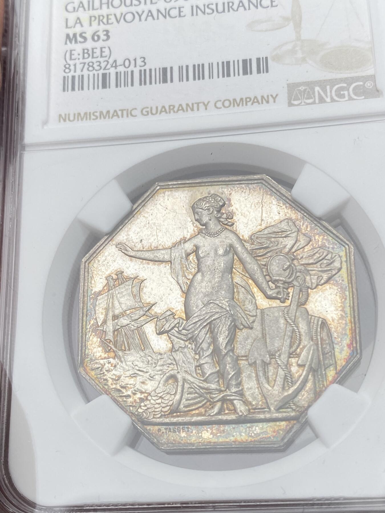 万国钱币拍卖第049期（万国夏季大拍） NGC MS63 1869年法国先见之明保险公司八角银质代币 优雅法国女神 镜面金光 18.78g 36mm 1860-1879蜜蜂边铭