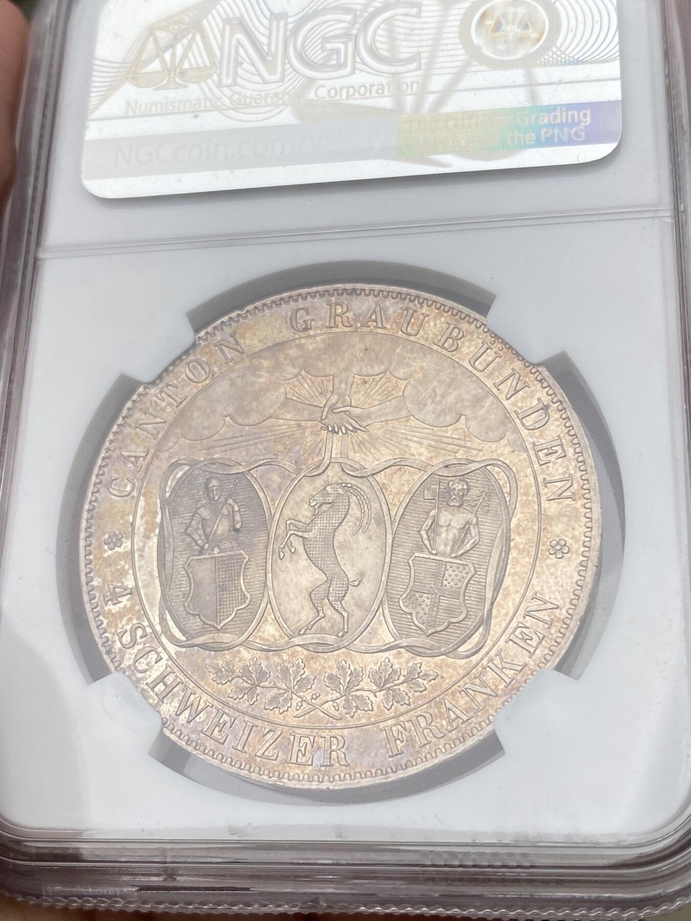 万国钱币拍卖第049期（万国夏季大拍） NGC MS64PL 1842瑞士格劳宾登射击节4法郎大银 瑞射中的高难品种 发行量仅6000枚 金彩PROOF LIKE 顶级收藏品质 NGC冠军分