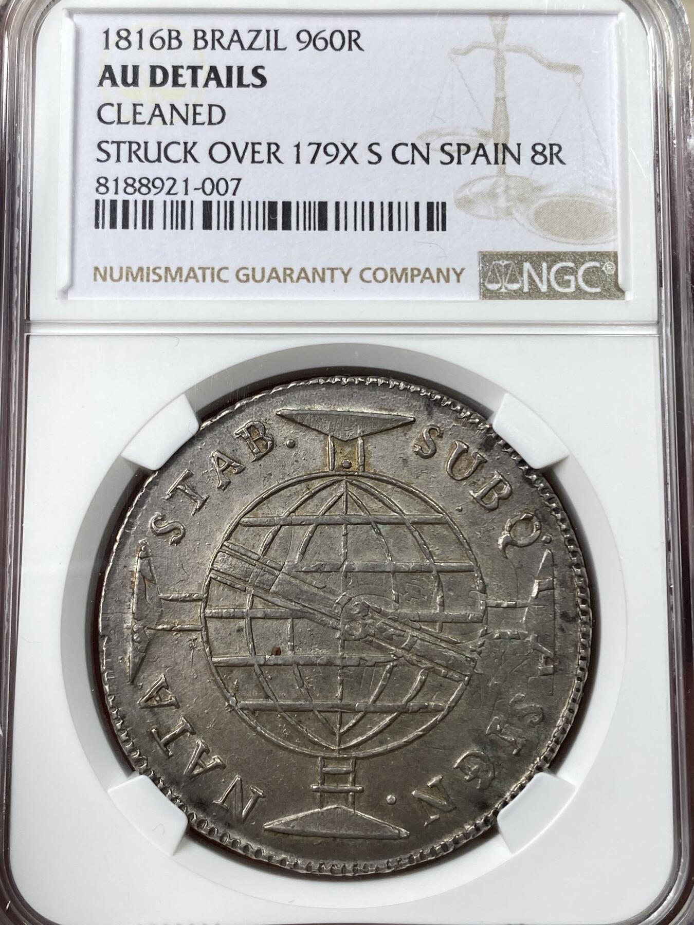 万国钱币拍卖第049期（万国夏季大拍） NGC AUD 1816葡属巴西地球960R 直接压印在西班牙双柱上的南美大银 深打原味