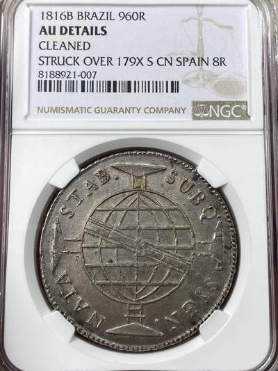 万国钱币拍卖第049期（万国夏季大拍） - NGC AUD 1816葡属巴西地球960R 直接压印在西班牙双柱上的南美大银 深打原味