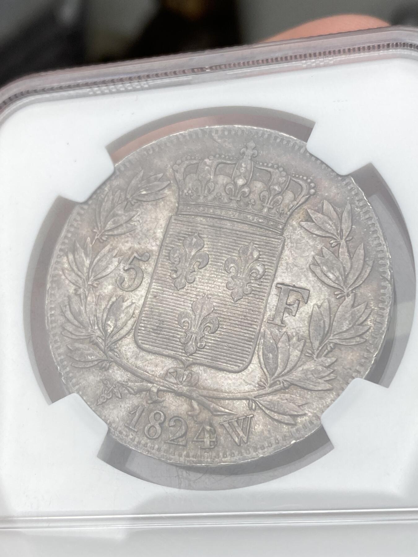 万国钱币拍卖第049期（万国夏季大拍） NGC MS63 1824W法国路易十八5法郎银币 里尔厂铸造 原味欧陆酱五彩难得