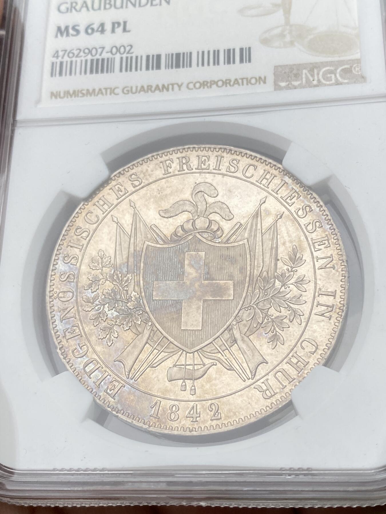 万国钱币拍卖第049期（万国夏季大拍） NGC MS64PL 1842瑞士格劳宾登射击节4法郎大银 瑞射中的高难品种 发行量仅6000枚 金彩PROOF LIKE 顶级收藏品质 NGC冠军分