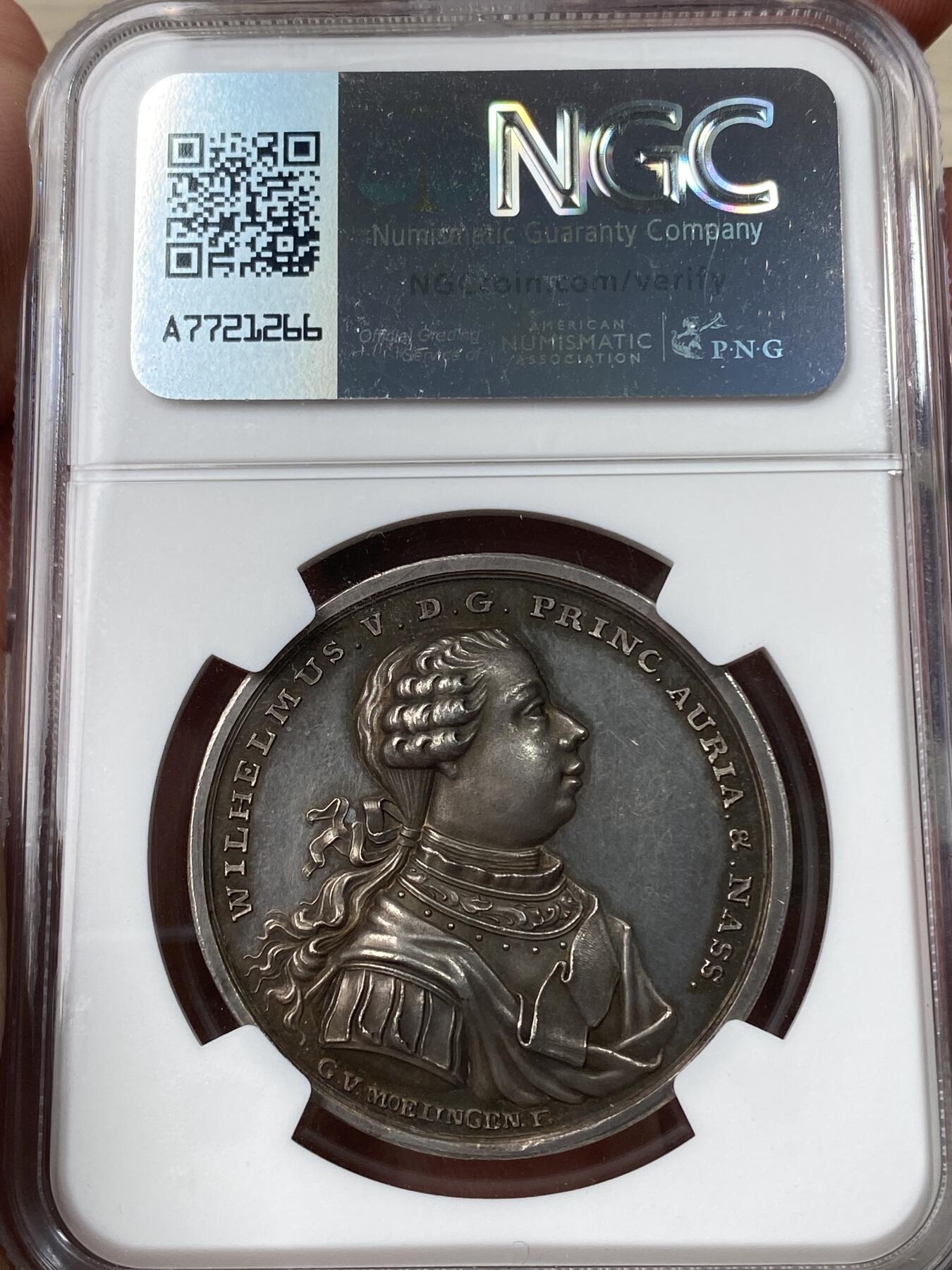 万国钱币拍卖第049期（万国夏季大拍） NGC MS64 1770年尼德兰联省共和国威廉五世女儿弗雷德里克卡·路易丝·威廉敏娜公主诞生纪念银章 极罕见尼德兰联省共和国最后一位世袭执政奥兰治与拿骚亲王 高浮雕底板与高点均为完美 不可多得的顶级收藏