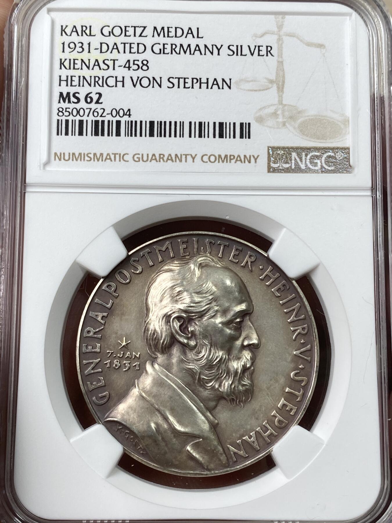 万国钱币拍卖第049期（万国夏季大拍） NGC MS62 1931年德国帝国邮政总长海因里希·冯·斯蒂芬诞辰纪念大银章 卡尔哥茨名作之一 36MM 罕见品种
