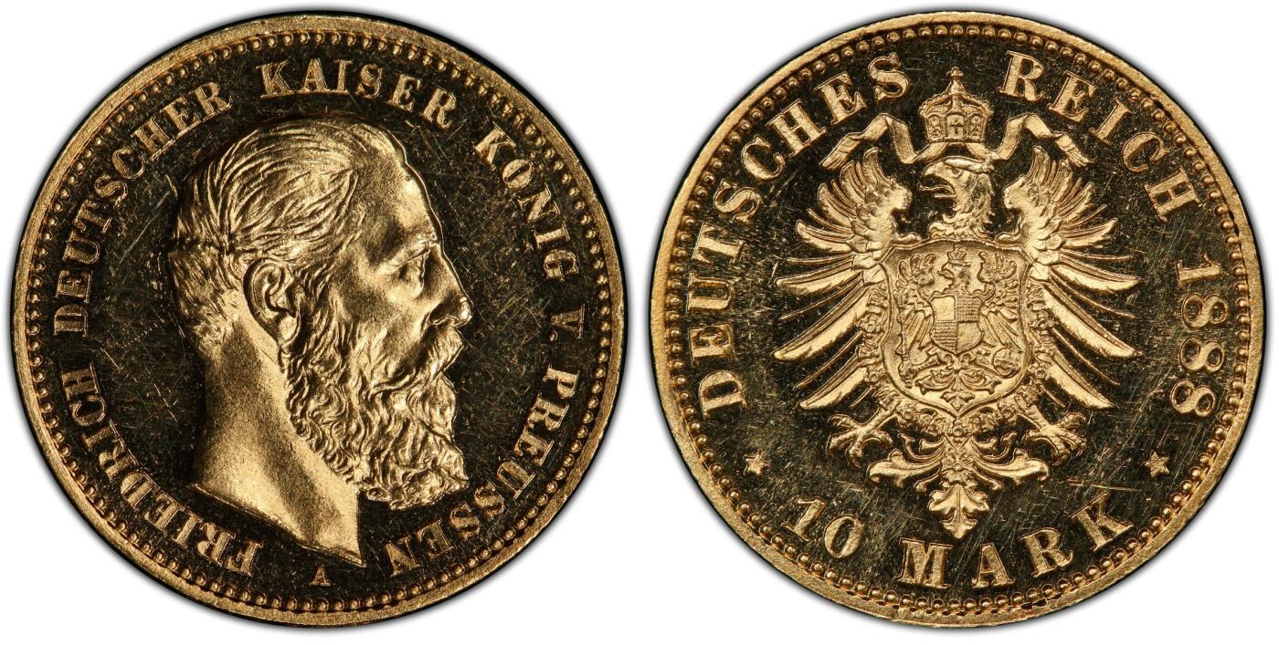 万国钱币拍卖第049期（万国夏季大拍） PCGS PR63CAM 1888年德国普鲁士三皇之年腓特烈三世10马克金币 罕见精制弗三短翅金币 精制黄金纯黑镜面底板 3.98g 900金