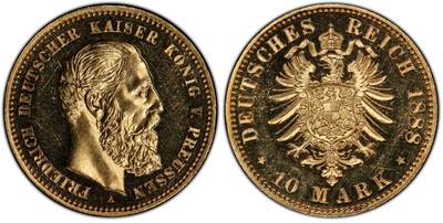 万国钱币拍卖第049期（万国夏季大拍） - PCGS PR63CAM 1888年德国普鲁士三皇之年腓特烈三世10马克金币 罕见精制弗三短翅金币 精制黄金纯黑镜面底板 3.98g 900金